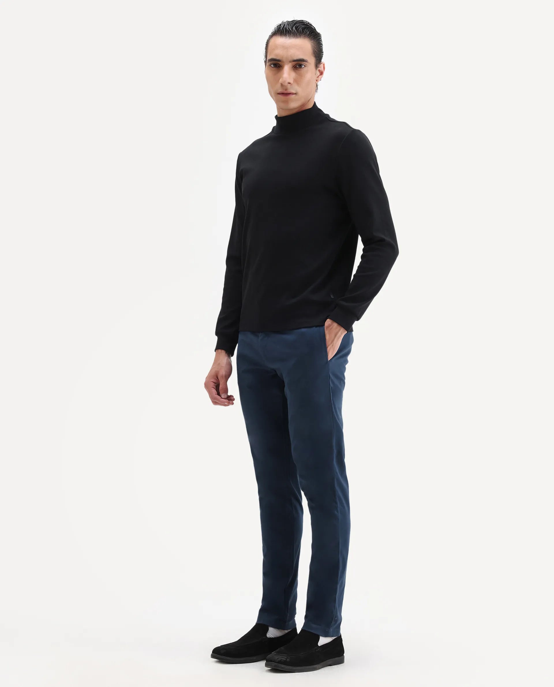 Rare Rabbit Men's Pesto Dark Blue Cotton Plain Regular Fit Trouser