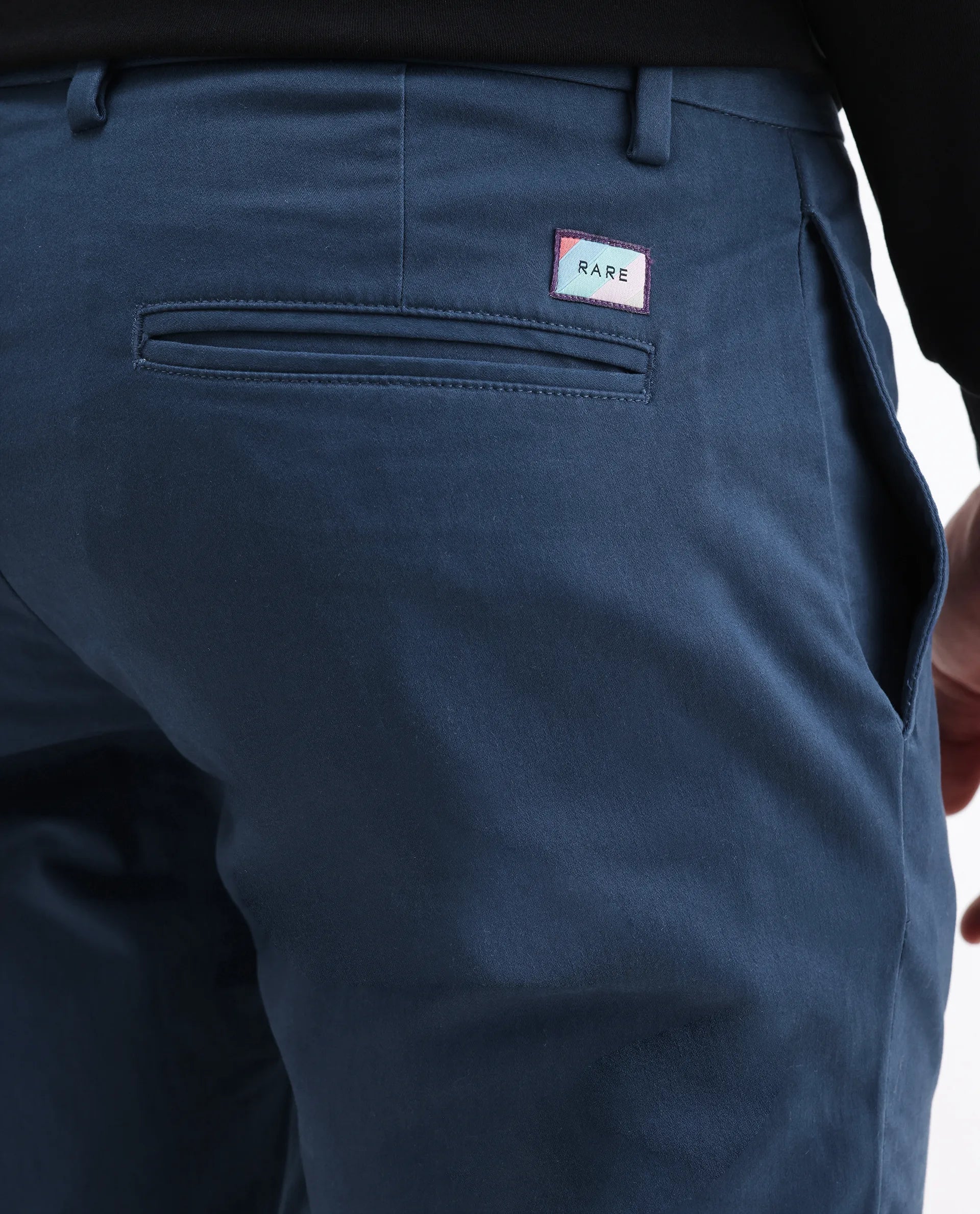 Rare Rabbit Men's Pesto Dark Blue Cotton Plain Regular Fit Trouser