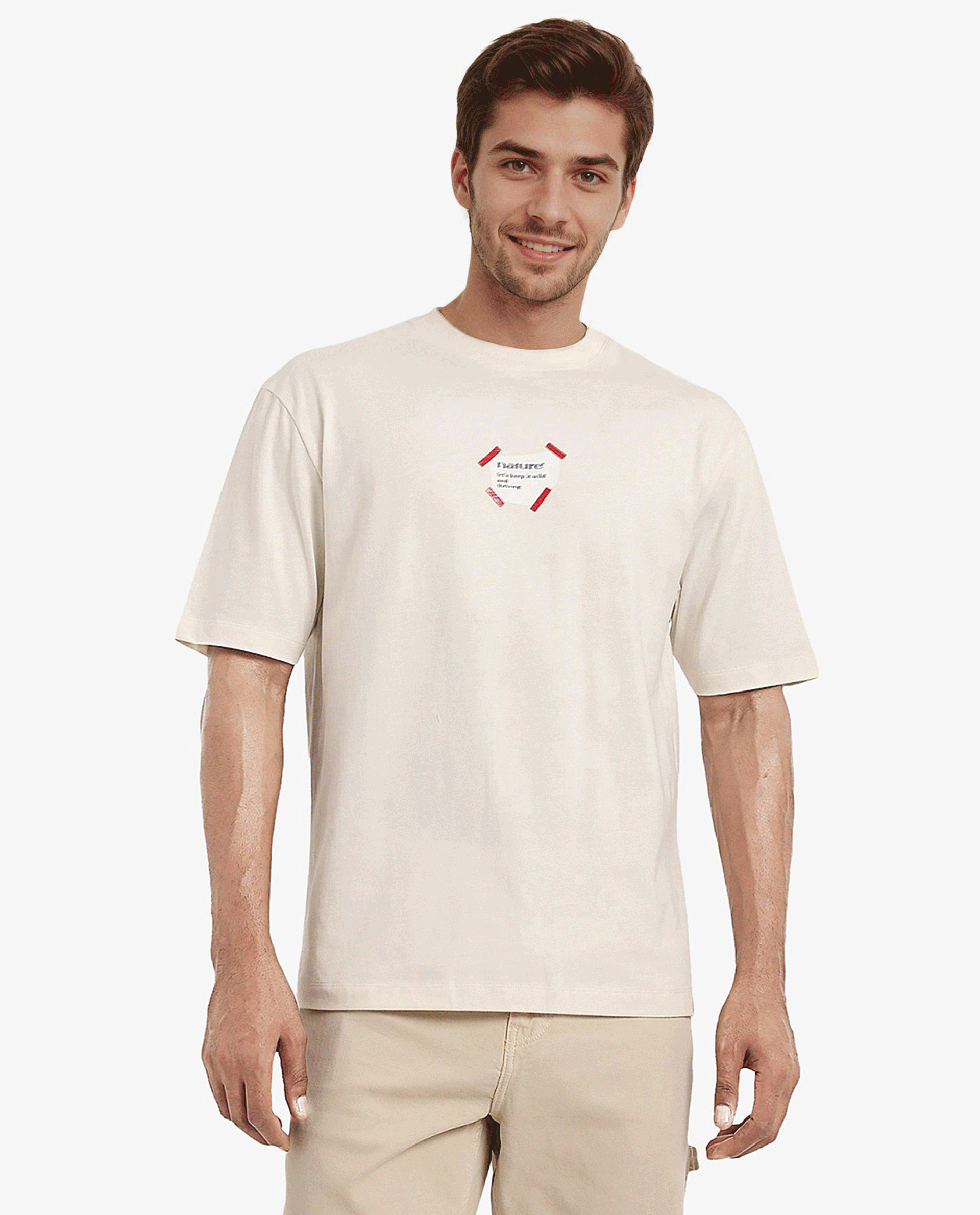 Rare Rabbit Men Peta Off White Cotton Blend Fabric Short Sleeve Crew Neck Oversized Fit Floral Back Print T-Shirt