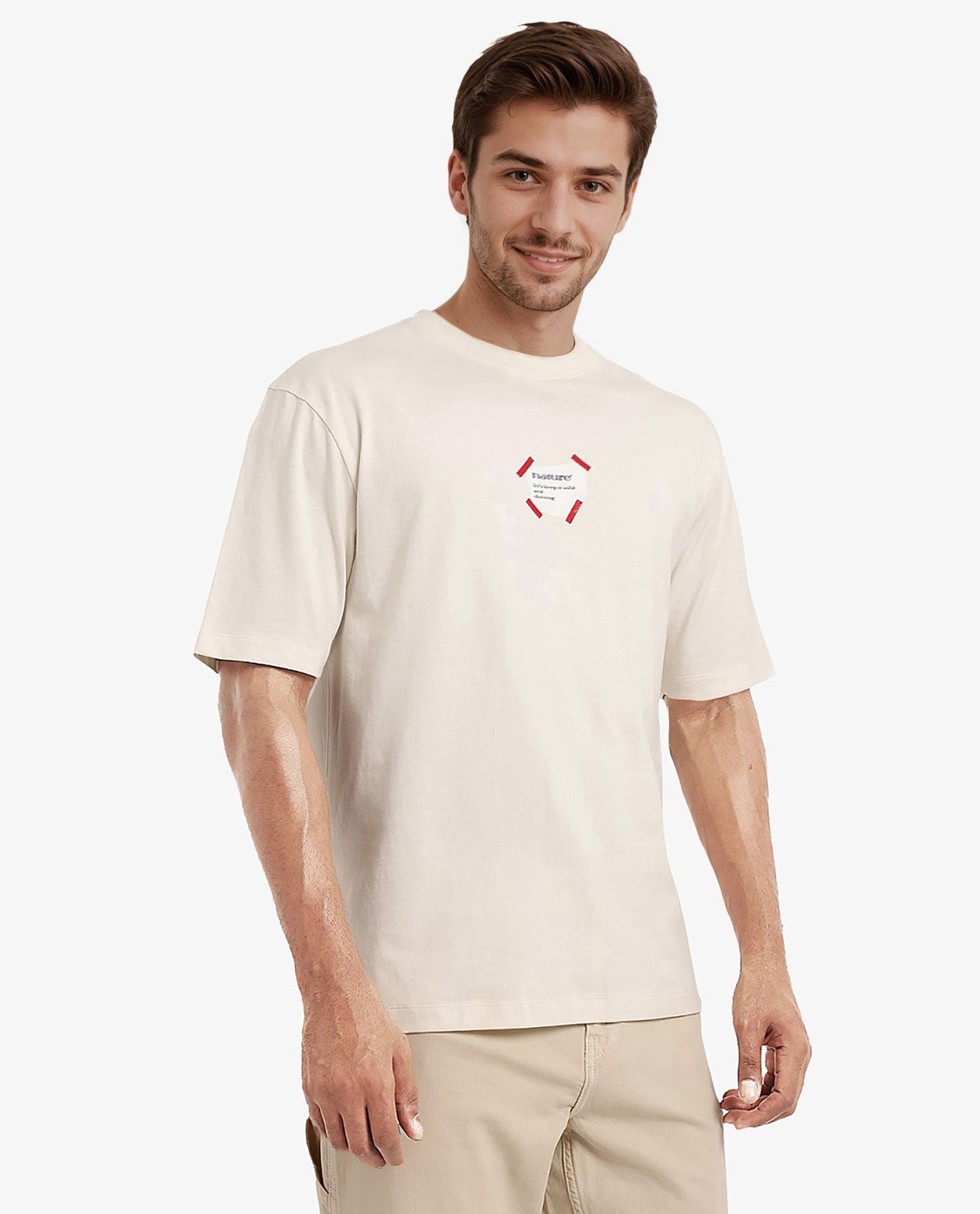 Rare Rabbit Men Peta Off White Cotton Blend Fabric Short Sleeve Crew Neck Oversized Fit Floral Back Print T-Shirt