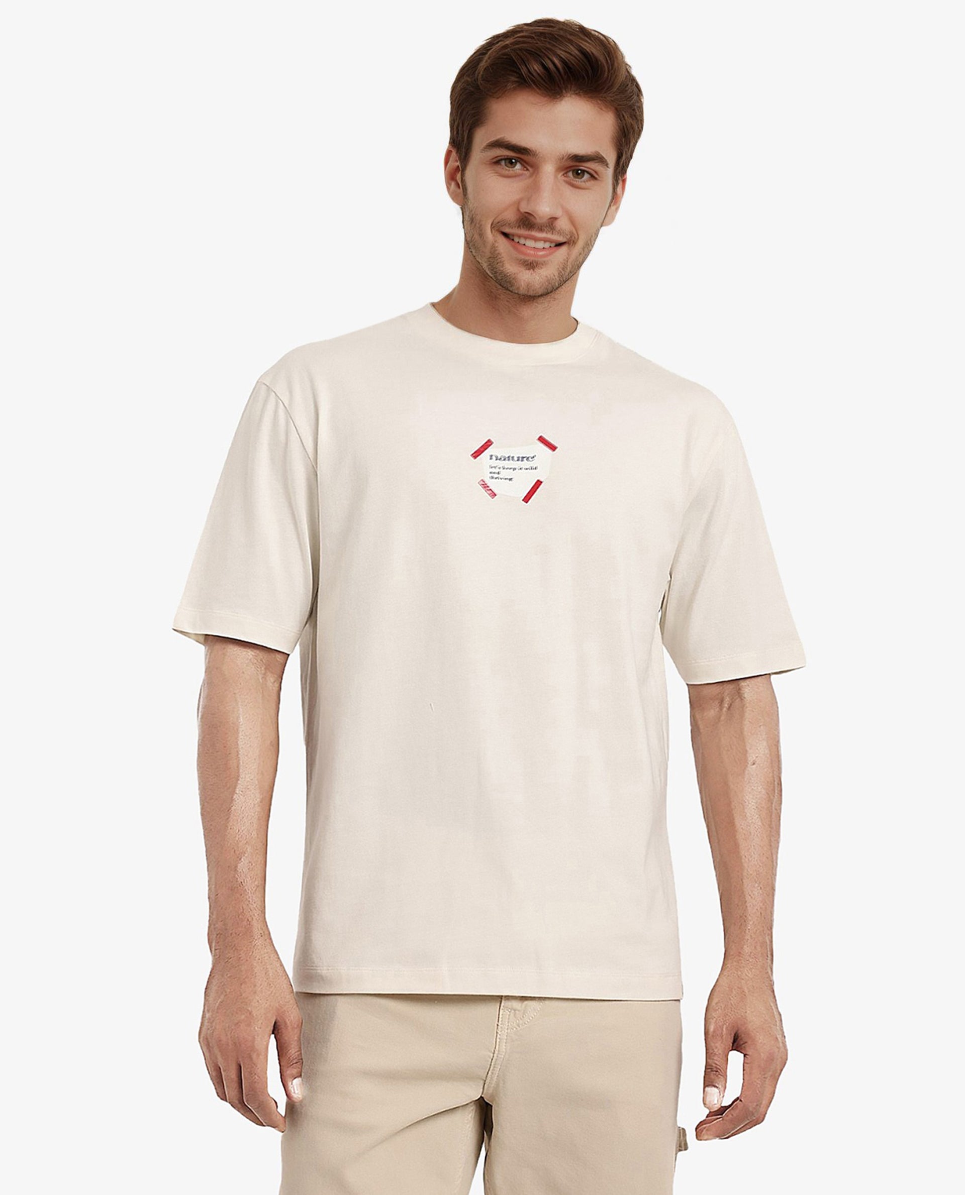 Rare Rabbit Men Peta Off White Cotton Blend Fabric Short Sleeve Crew Neck Oversized Fit Floral Back Print T-Shirt