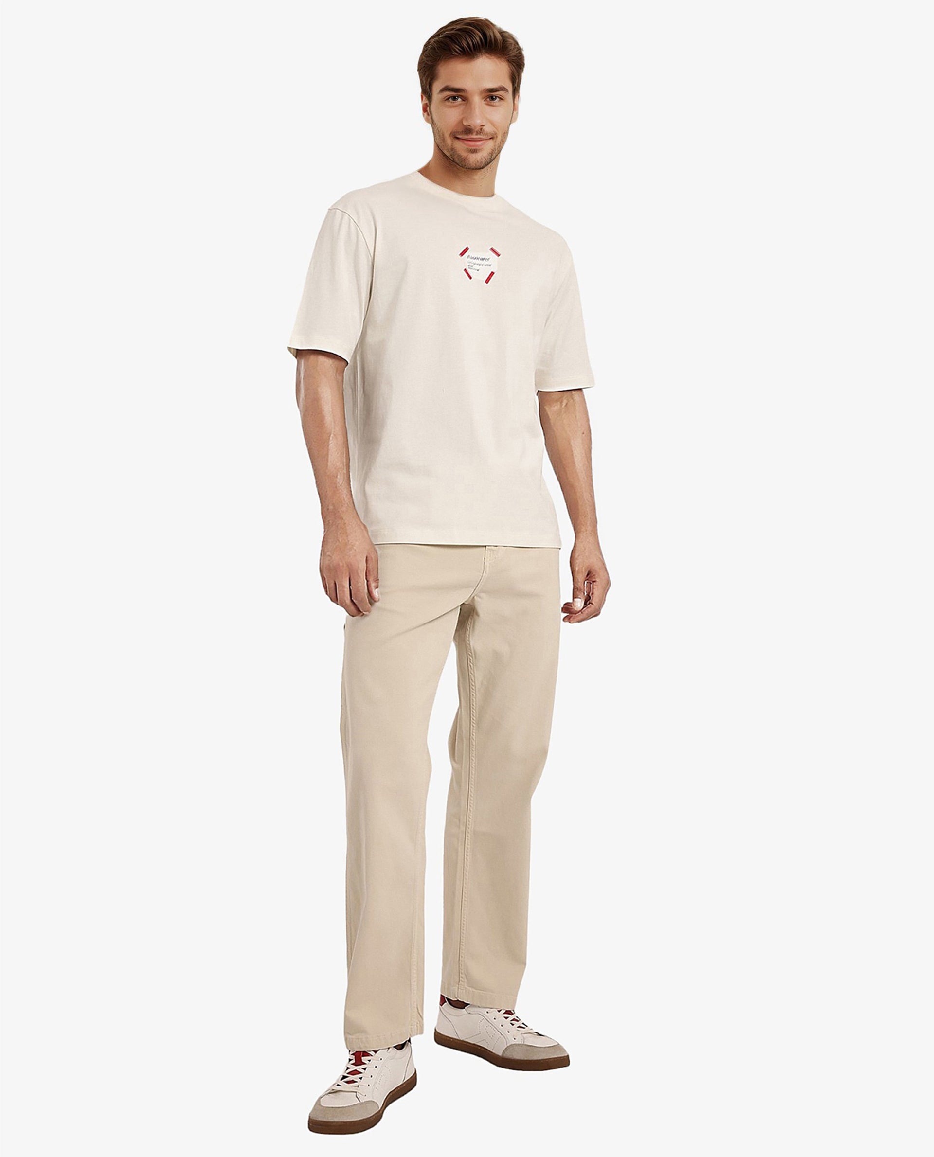 Rare Rabbit Men Peta Off White Cotton Blend Fabric Short Sleeve Crew Neck Oversized Fit Floral Back Print T-Shirt