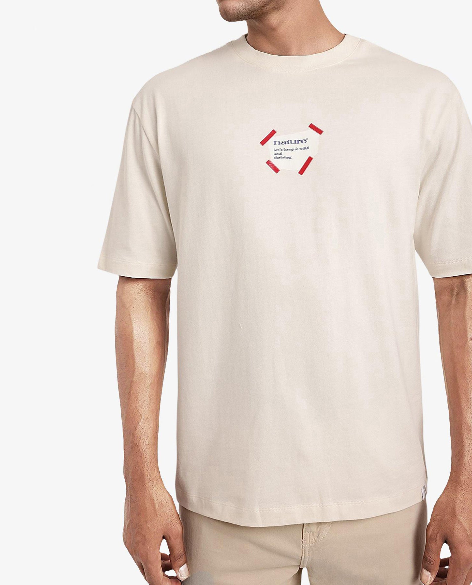 Rare Rabbit Men Peta Off White Cotton Blend Fabric Short Sleeve Crew Neck Oversized Fit Floral Back Print T-Shirt