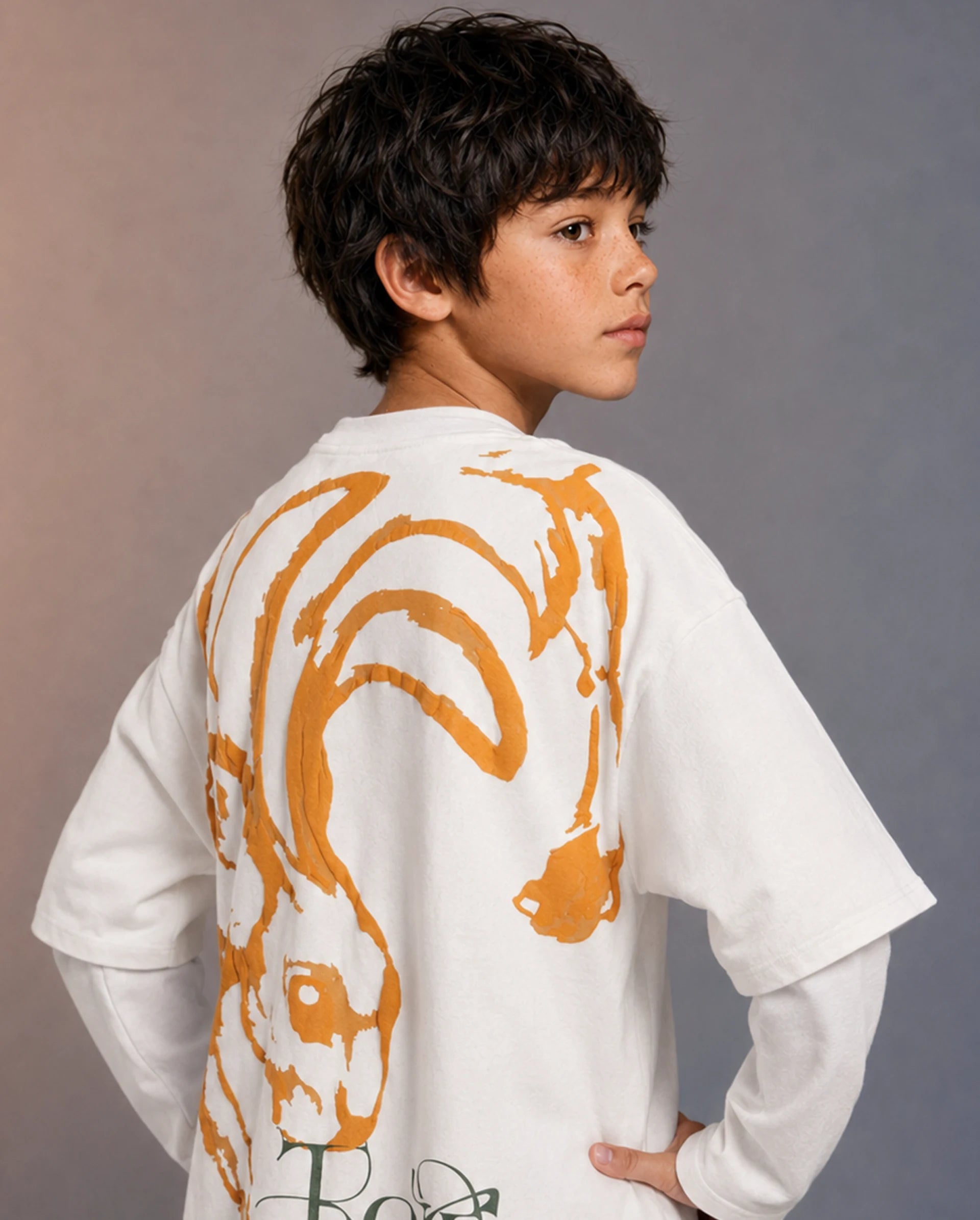 Rare Ones Kids Pete26-K White Cotton Blend Fabric Pull-On Oversized Fit Graphic Print T-Shirt