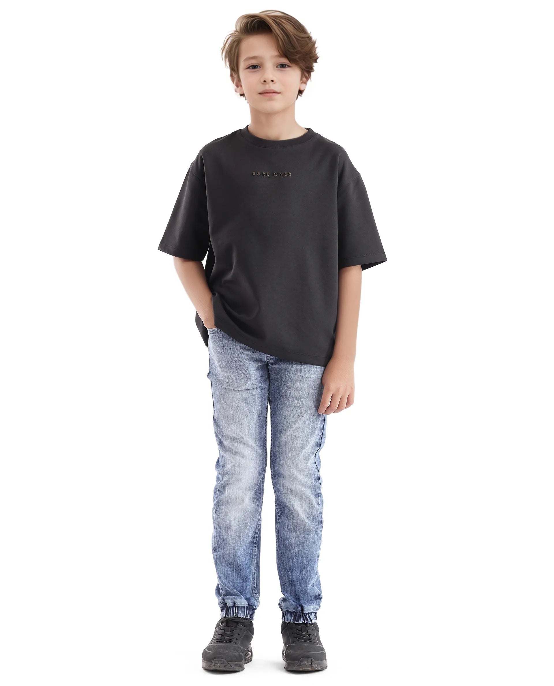 Rare Ones Kids Pete Black Cotton Half Sleeves Crew Neck Oversized Fit HD Print Branded T-Shirt