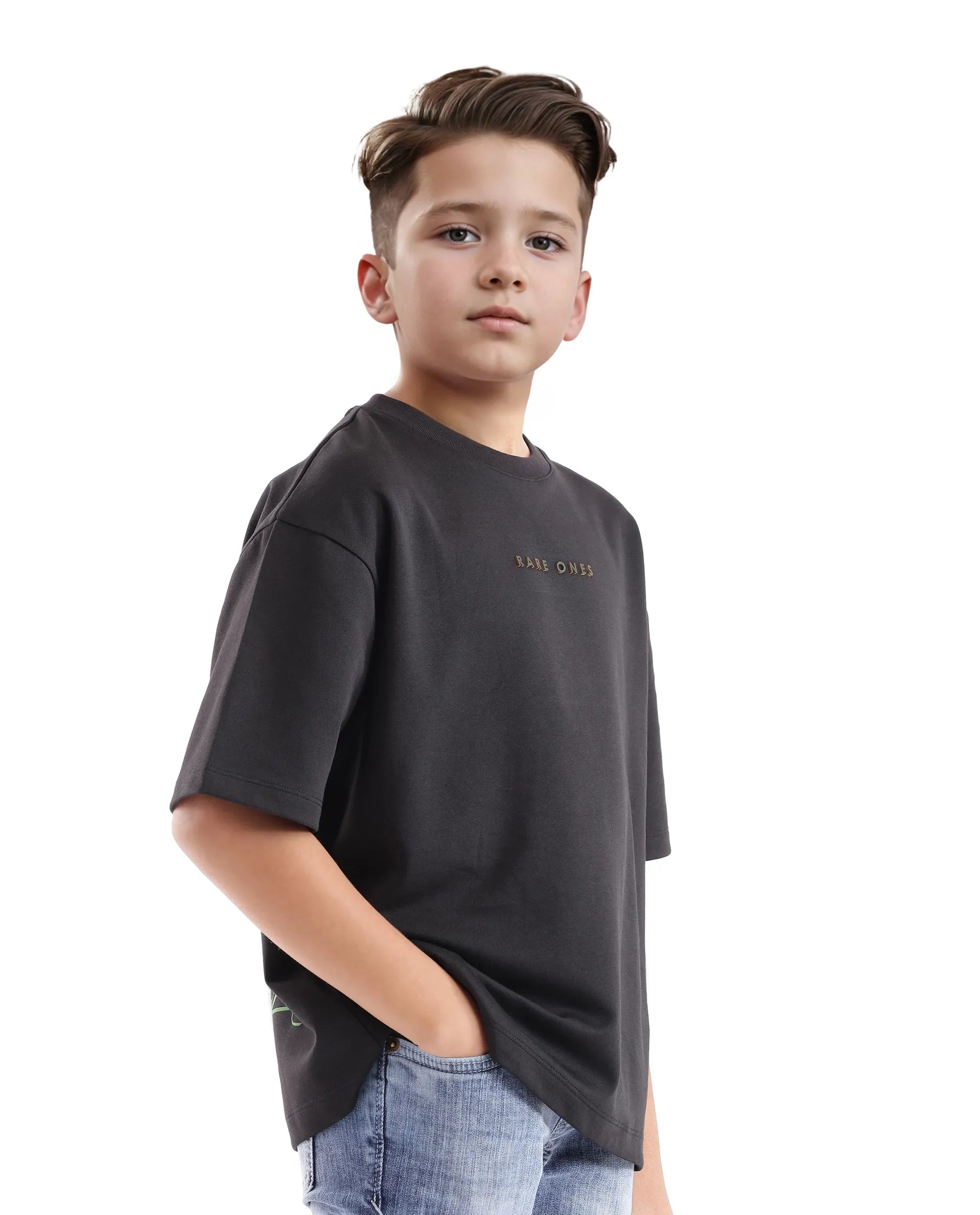 Rare Ones Kids Pete Black Cotton Half Sleeves Crew Neck Oversized Fit HD Print Branded T-Shirt