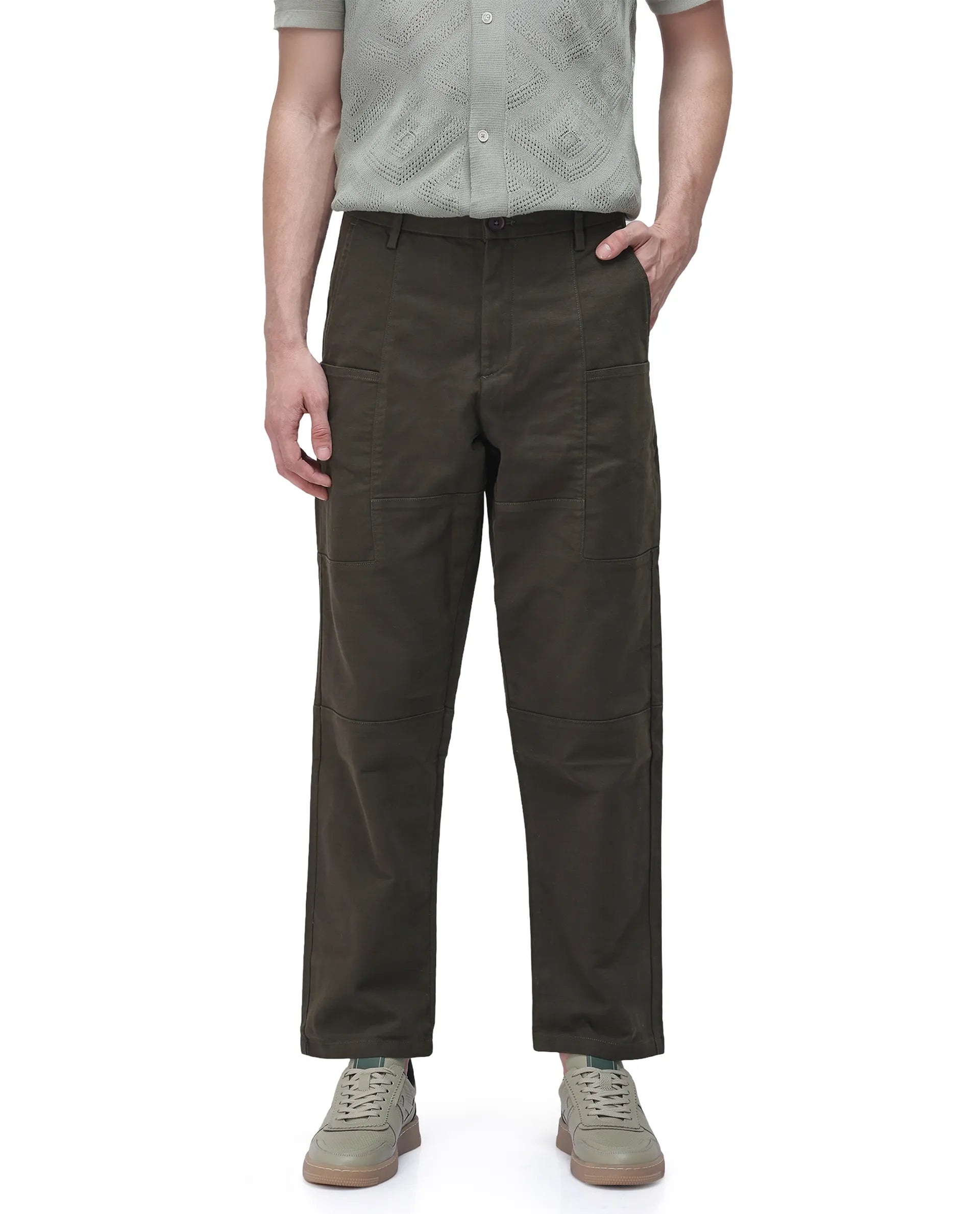 Rare Rabbit Men's Petro Dark Olive Cotton Plain Straight Fit Trouser