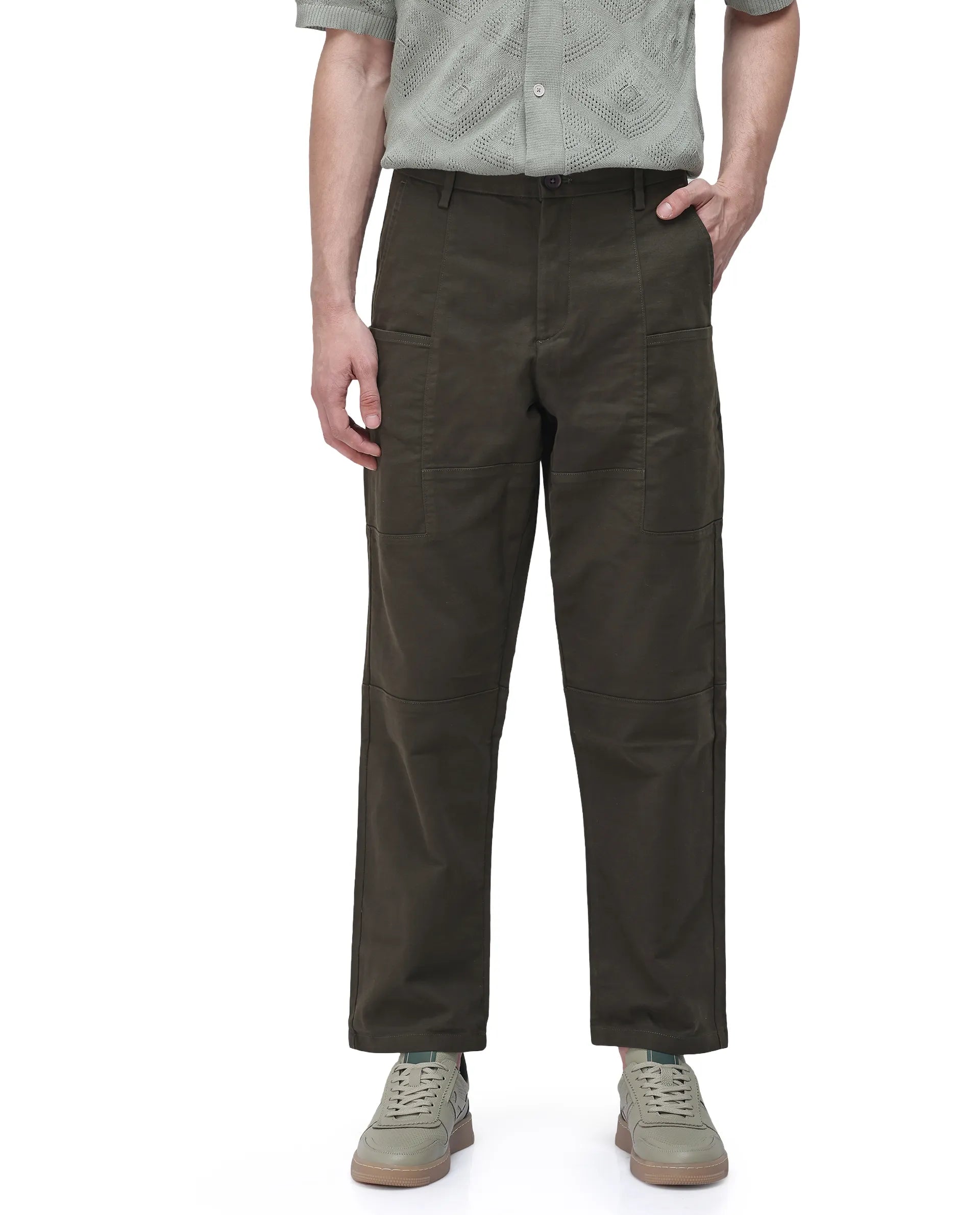 Rare Rabbit Men's Petro Dark Olive Cotton Plain Straight Fit Trouser
