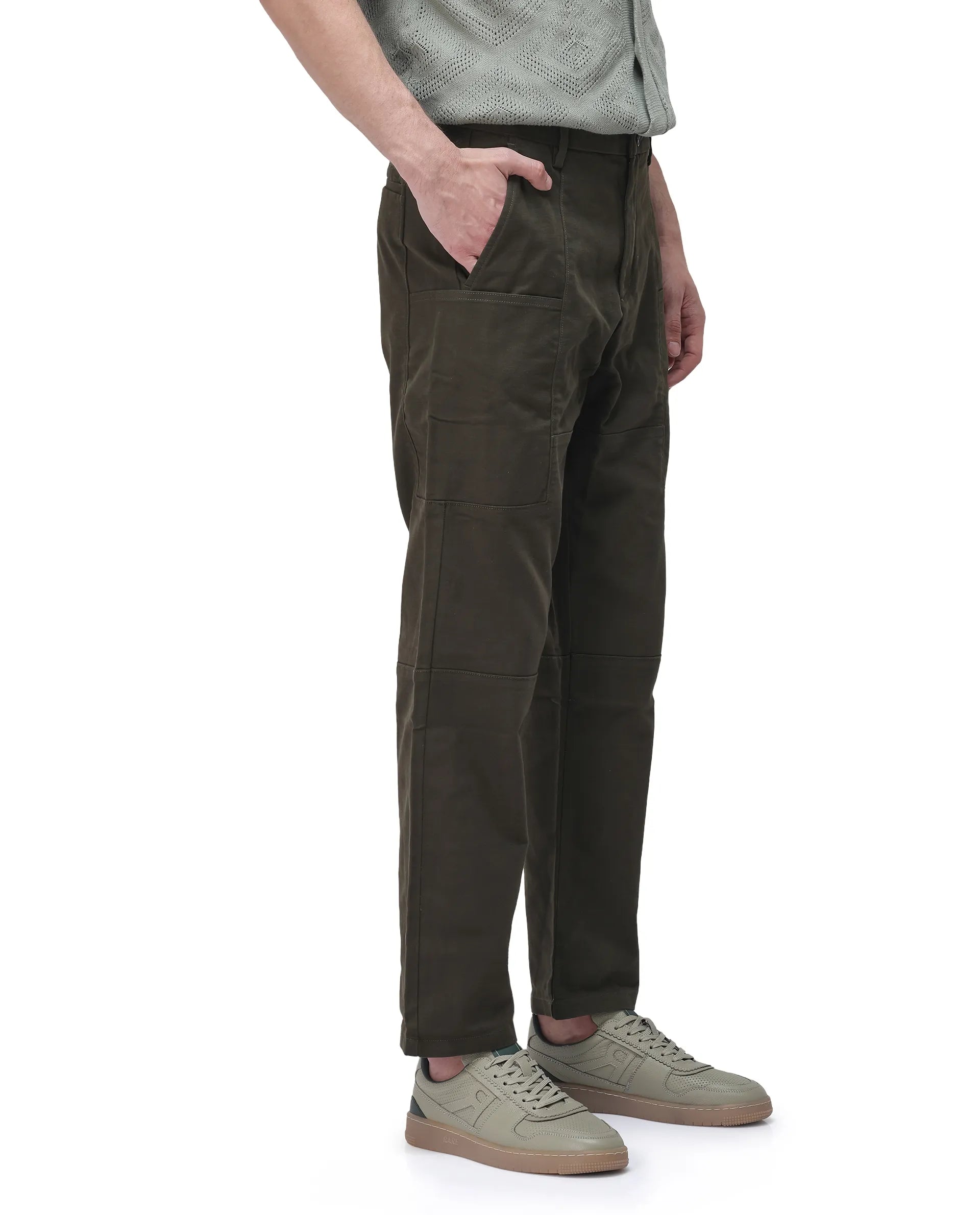 Rare Rabbit Men's Petro Dark Olive Cotton Plain Straight Fit Trouser