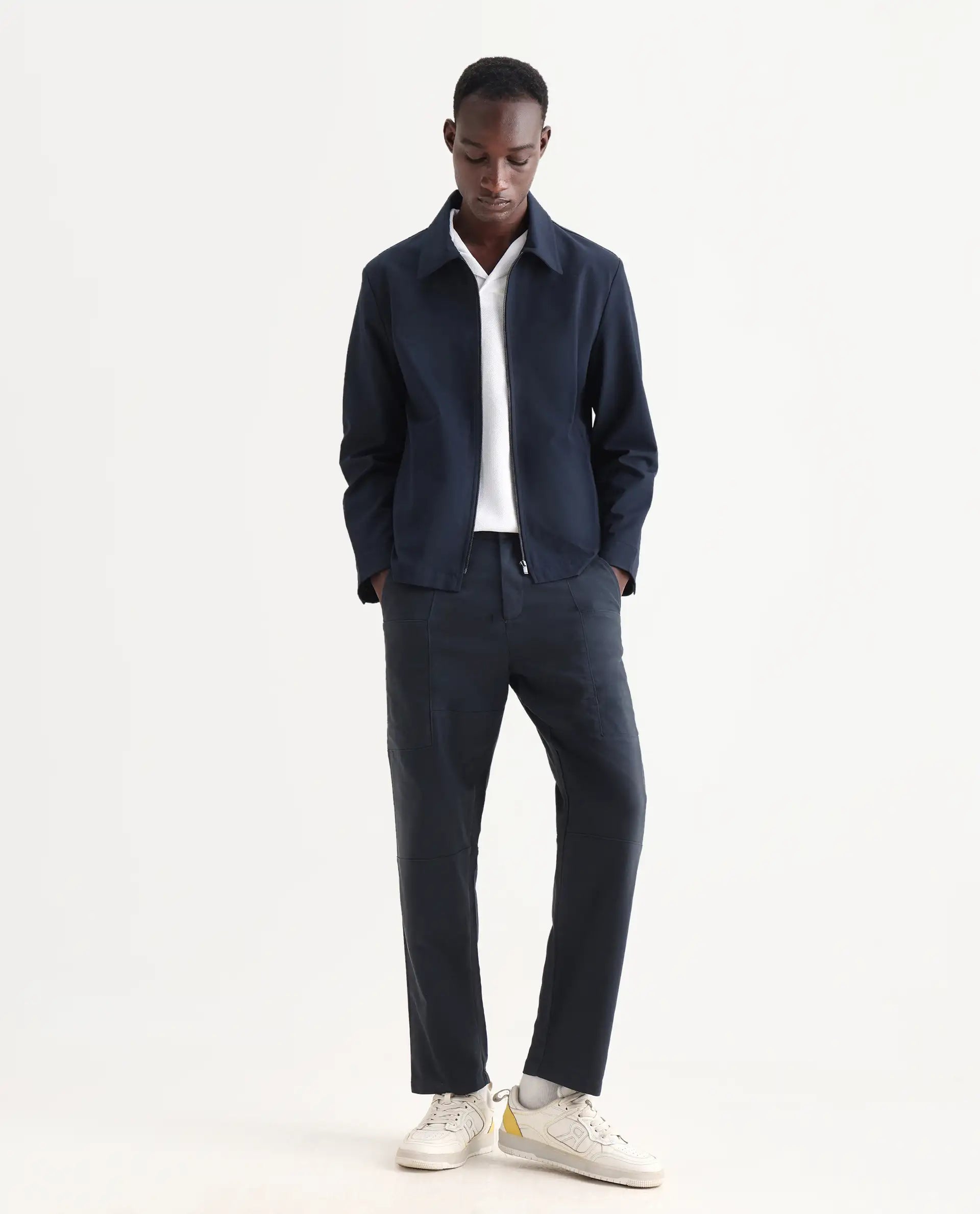 Rare Rabbit Men's Petro Navy Cotton Plain Straight Fit Trouser