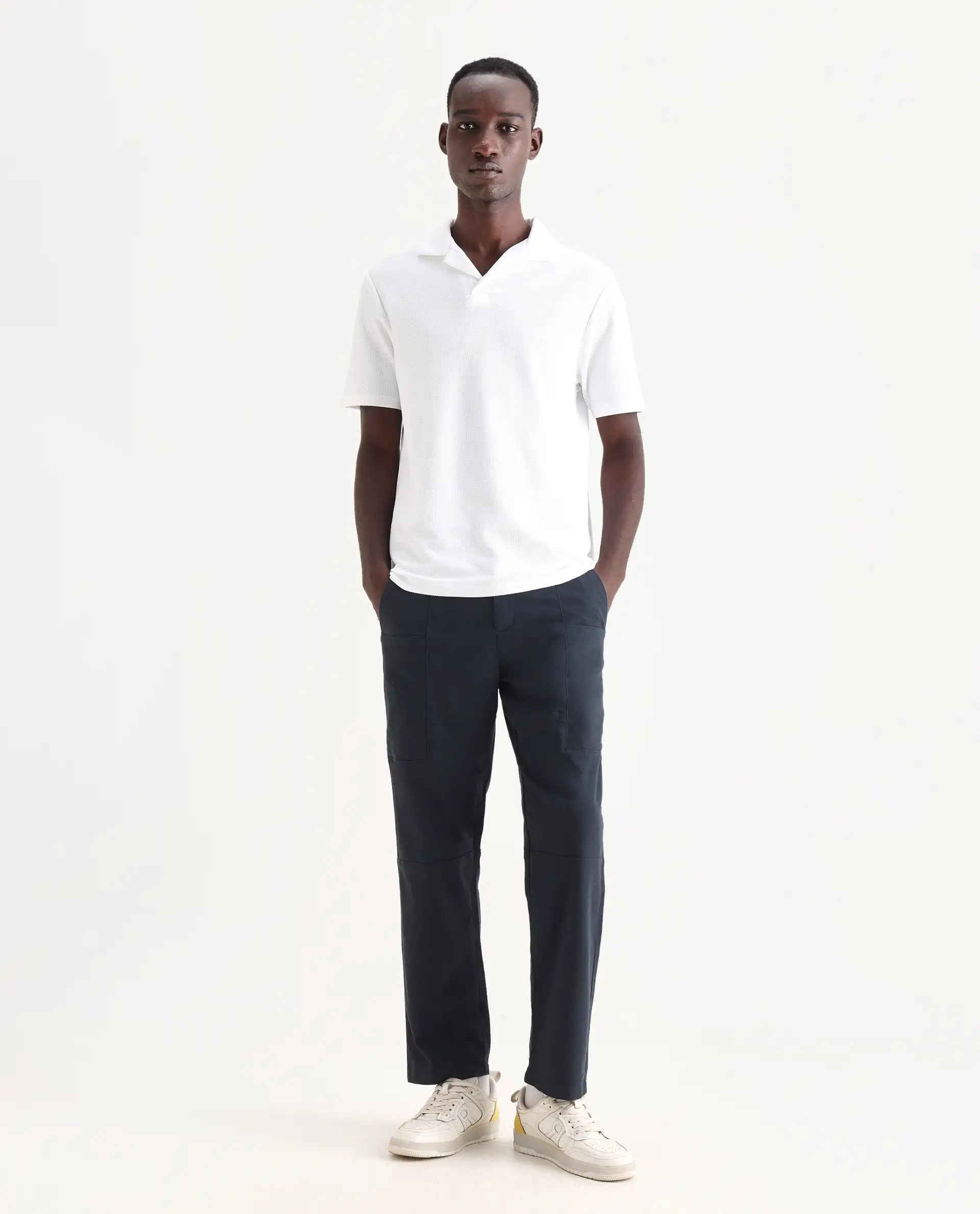 Rare Rabbit Men's Petro Navy Cotton Plain Straight Fit Trouser