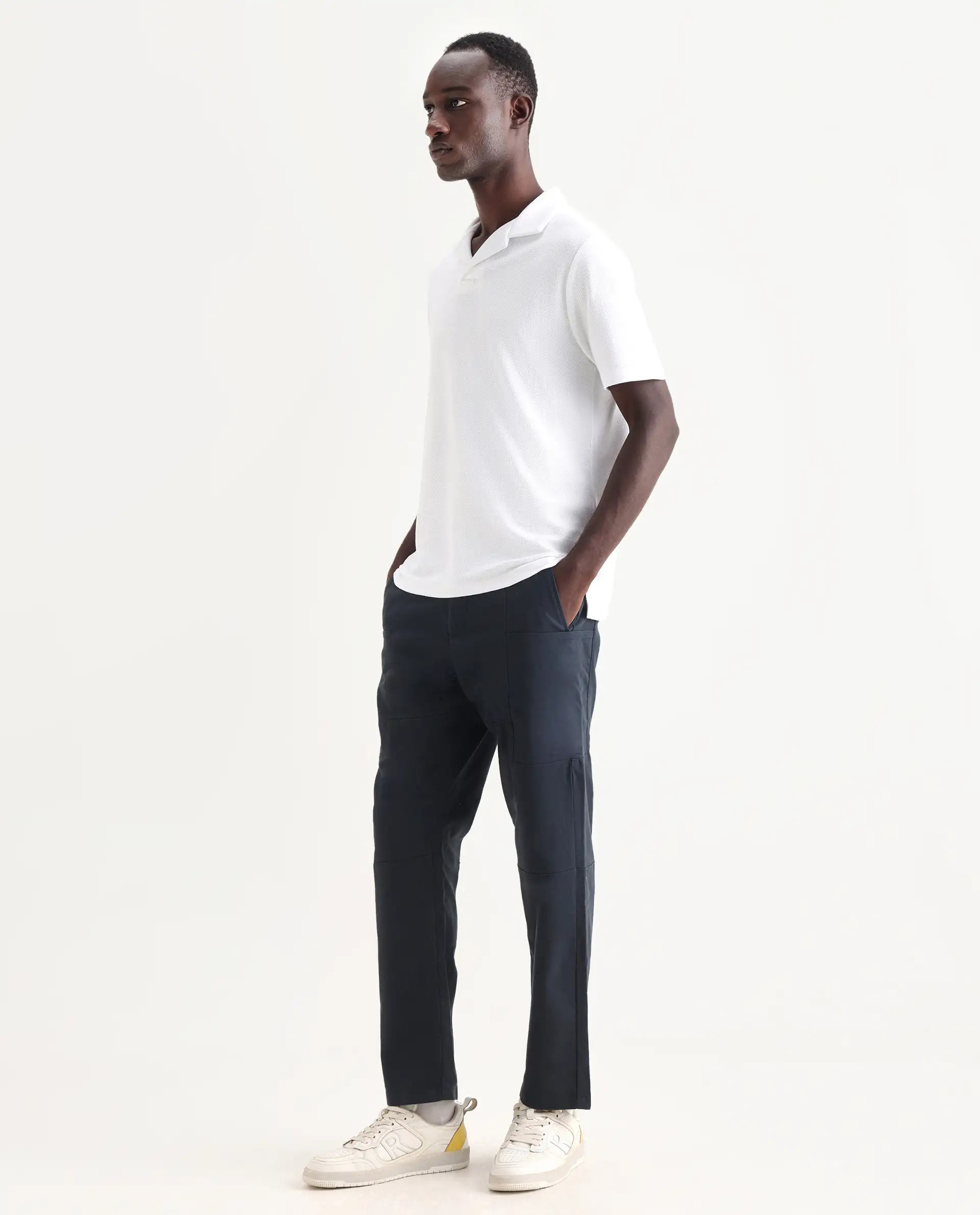 Rare Rabbit Men's Petro Navy Cotton Plain Straight Fit Trouser