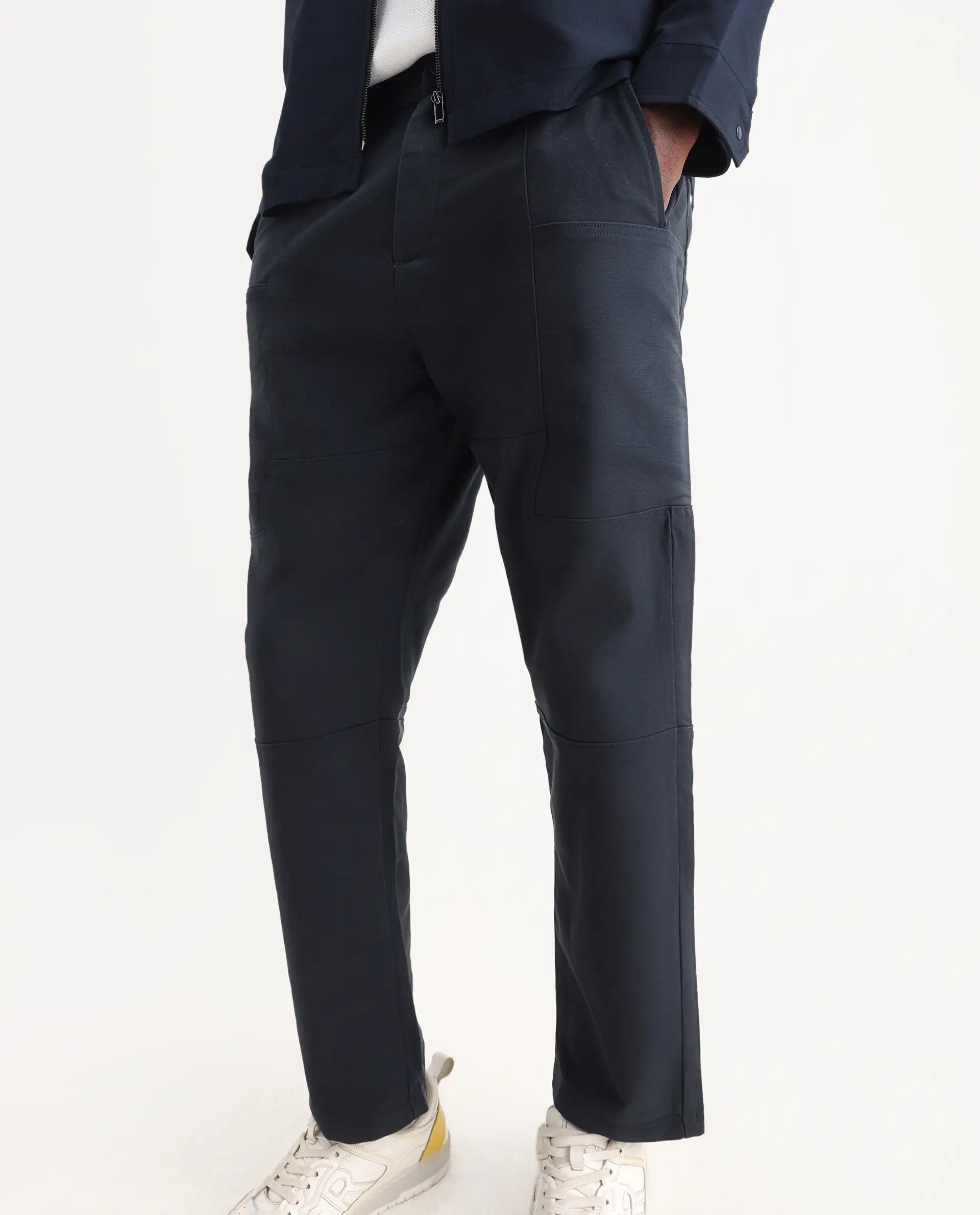 Rare Rabbit Men's Petro Navy Cotton Plain Straight Fit Trouser