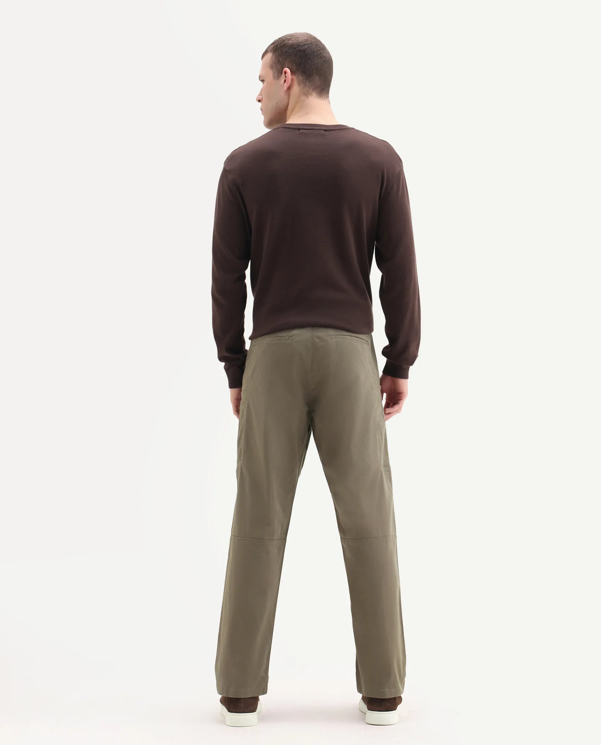 Rare Rabbit Men's Petro Dusky Olive Cotton Plain Straight Fit Trouser