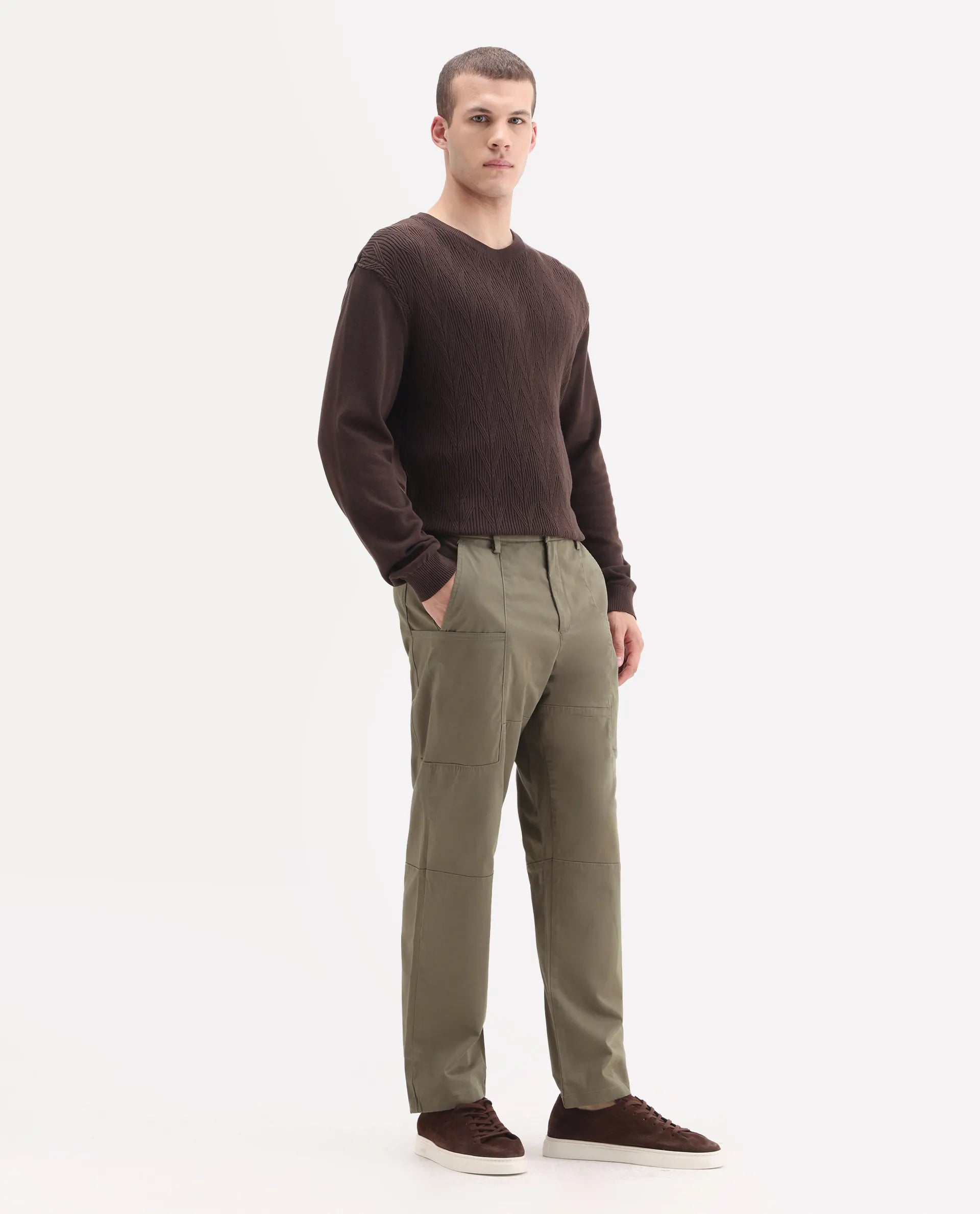 Rare Rabbit Men's Petro Dusky Olive Cotton Plain Straight Fit Trouser