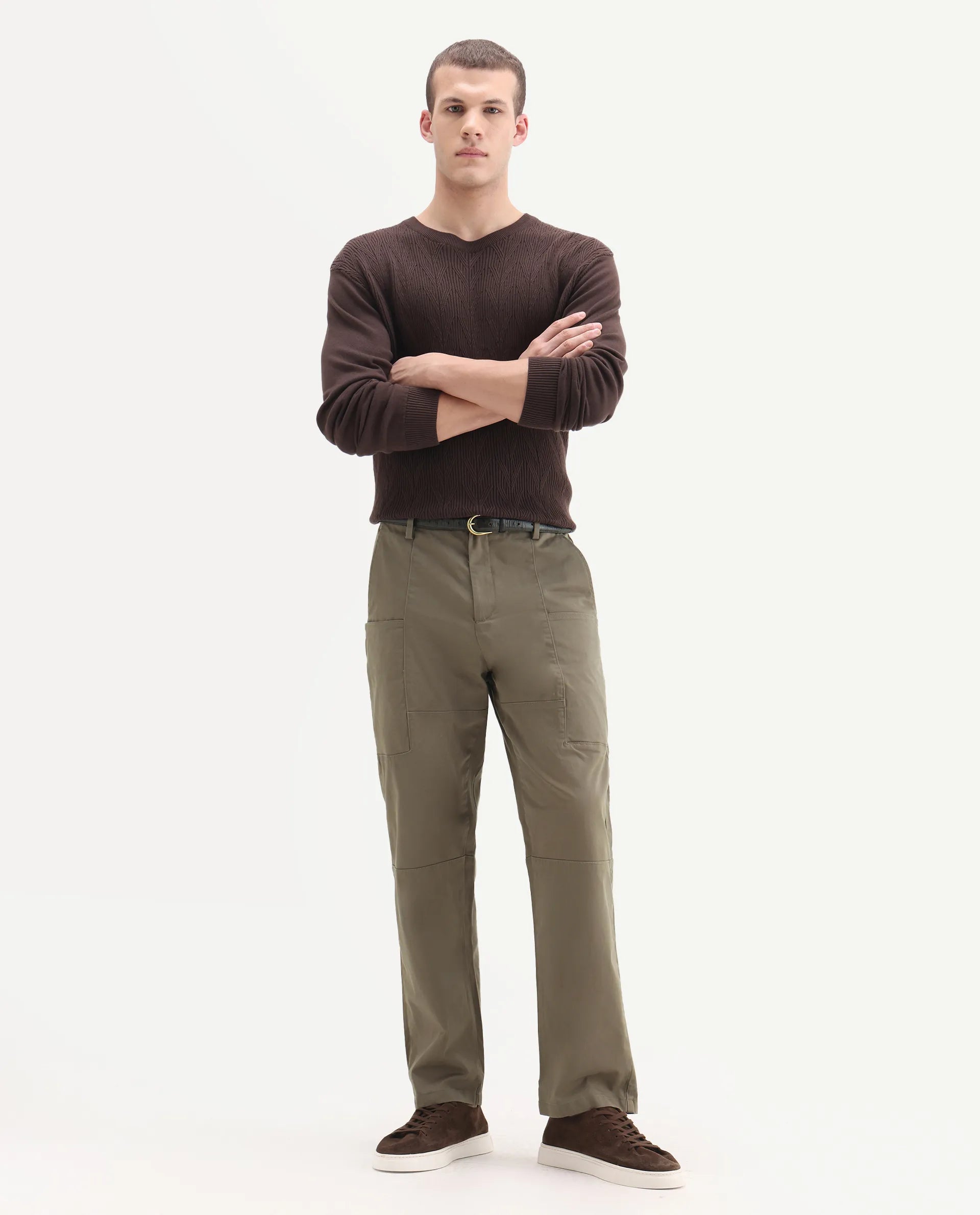 Rare Rabbit Men's Petro Dusky Olive Cotton Plain Straight Fit Trouser