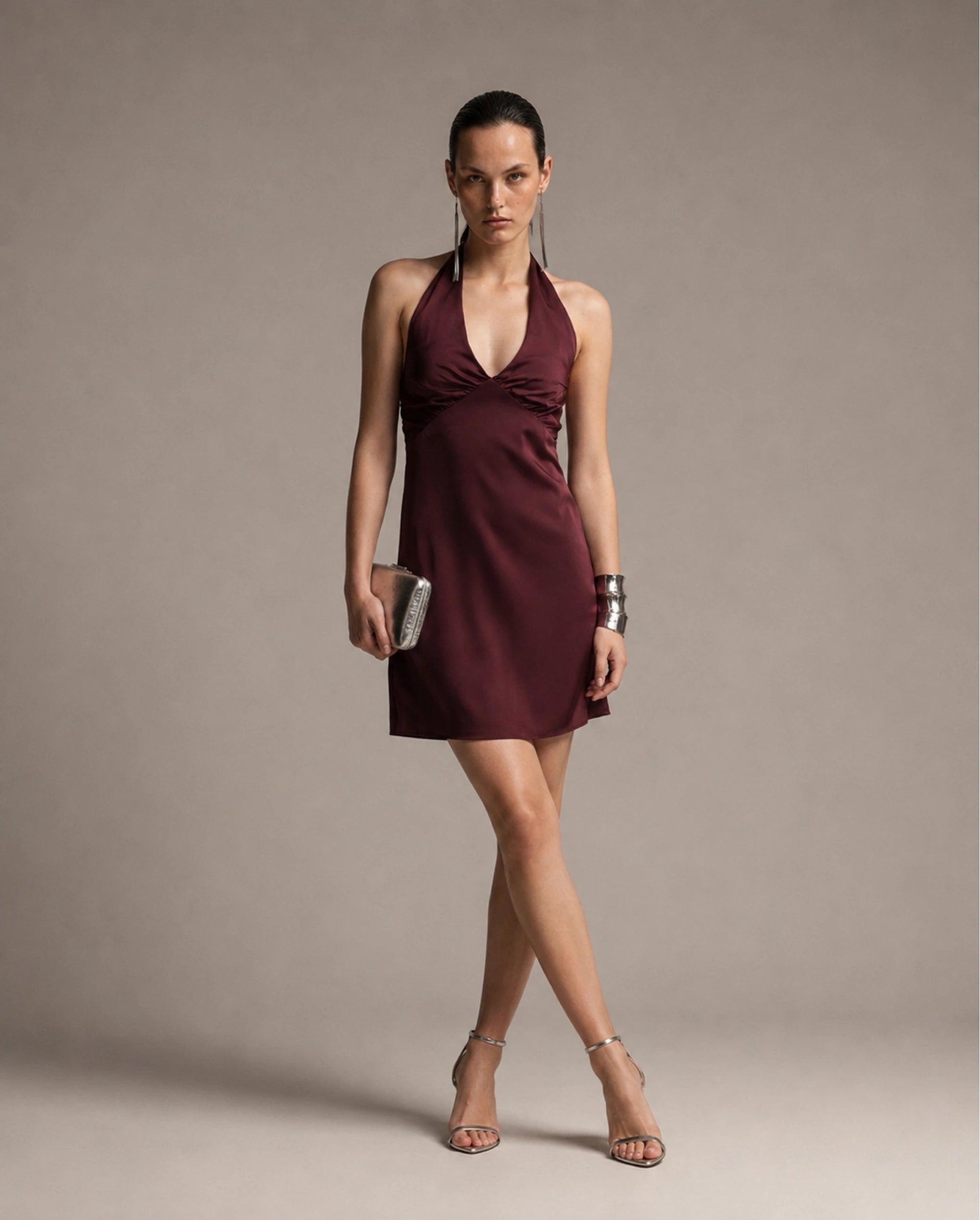 Rareism Women's Petun Dark Maroon Polyester Halter Neck Elastic Fitted Plain Dress