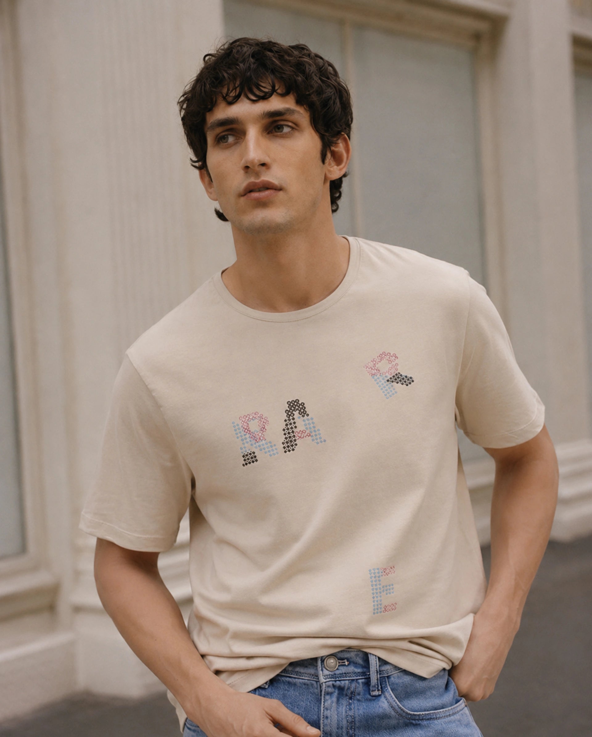 Rare Rabbit Men's Pexo Light Beige Cotton Blend Crew Neck Regular Graphic Print T-Shirt