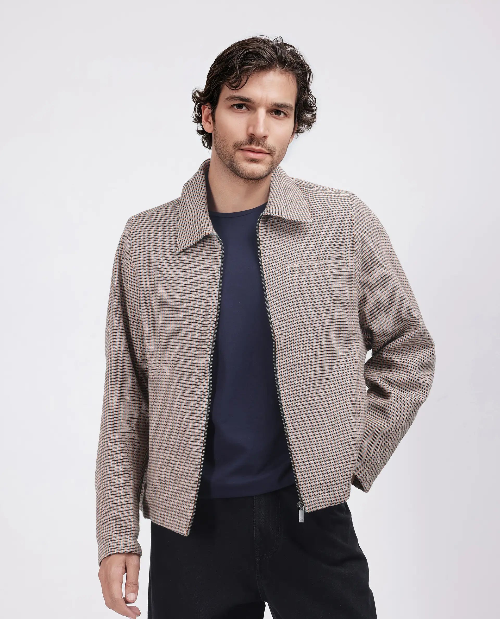 Rare Rabbit Men Pexrul Rust Cotton Fabric Full Sleeve Zipper Closure Yarn Dyed Checked Jacket