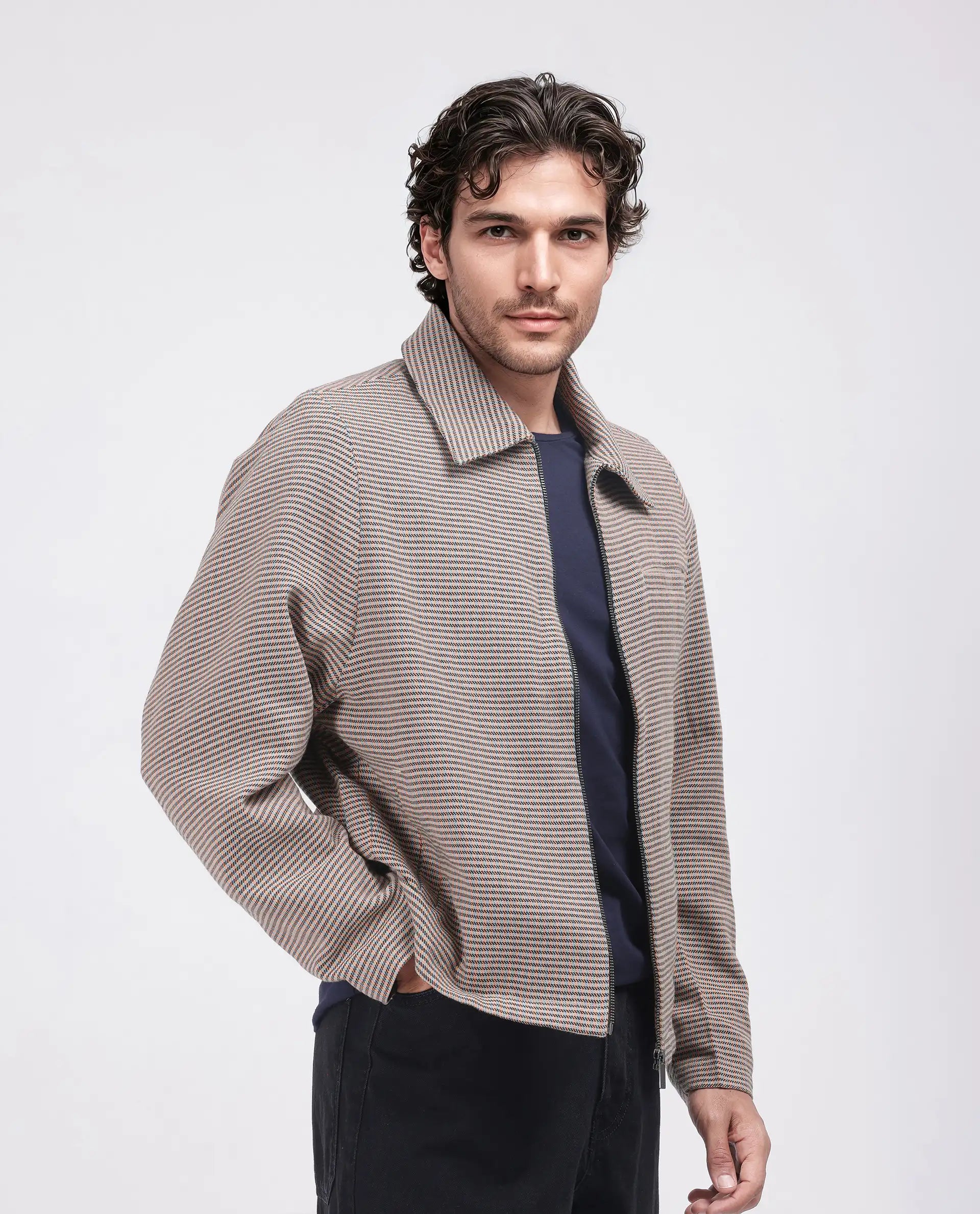 Rare Rabbit Men Pexrul Rust Cotton Fabric Full Sleeve Zipper Closure Yarn Dyed Checked Jacket