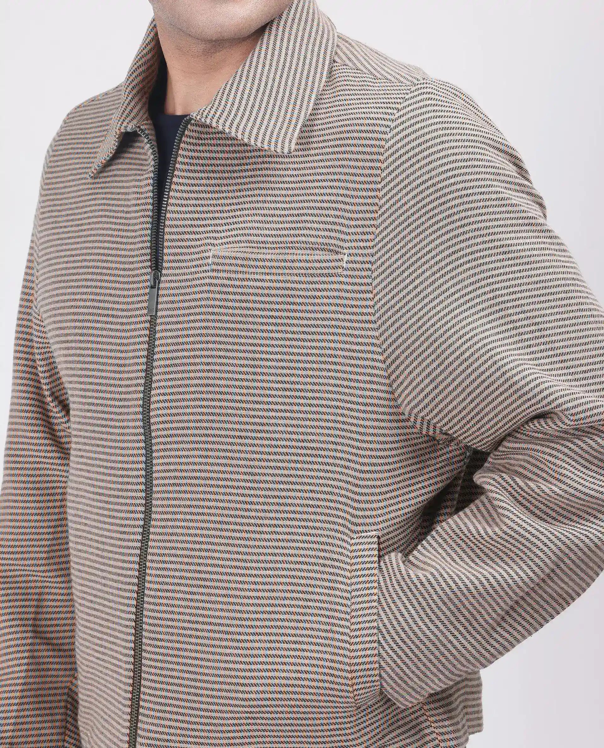Rare Rabbit Men Pexrul Rust Cotton Fabric Full Sleeve Zipper Closure Yarn Dyed Checked Jacket