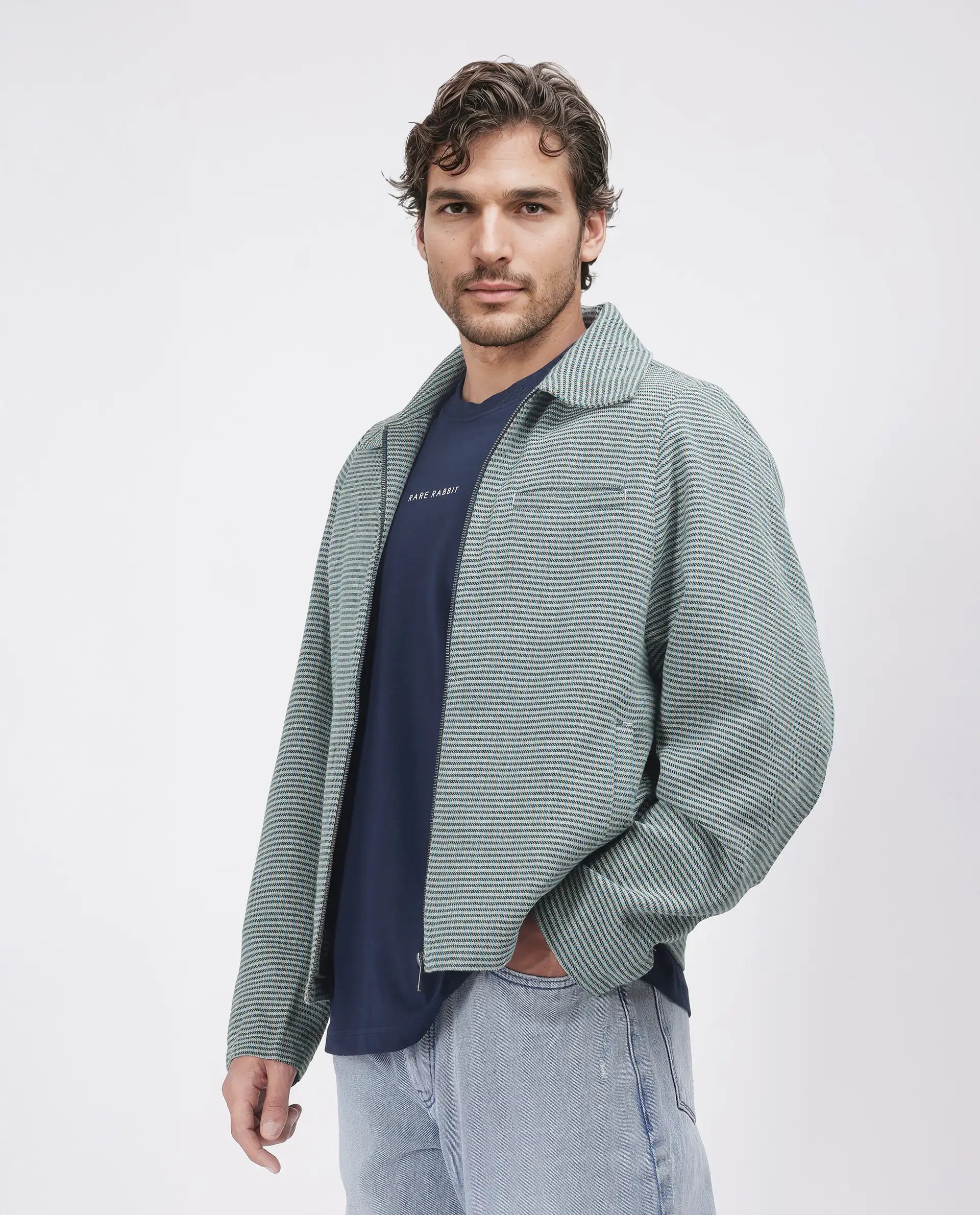 Rare Rabbit Men Pexrul Teal Cotton Fabric Full Sleeve Zipper Closure Yarn Dyed Checked Jacket
