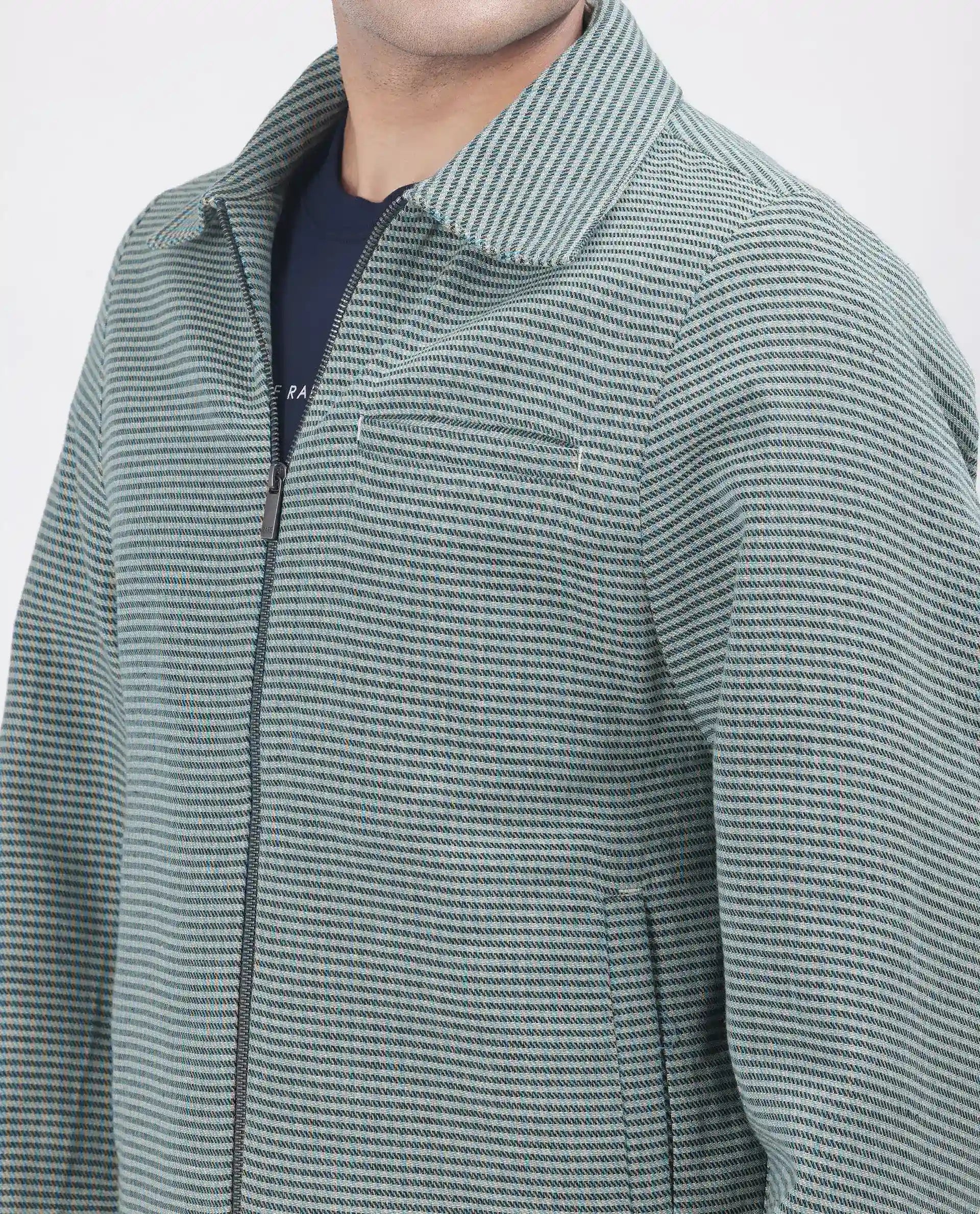 Rare Rabbit Men Pexrul Teal Cotton Fabric Full Sleeve Zipper Closure Yarn Dyed Checked Jacket