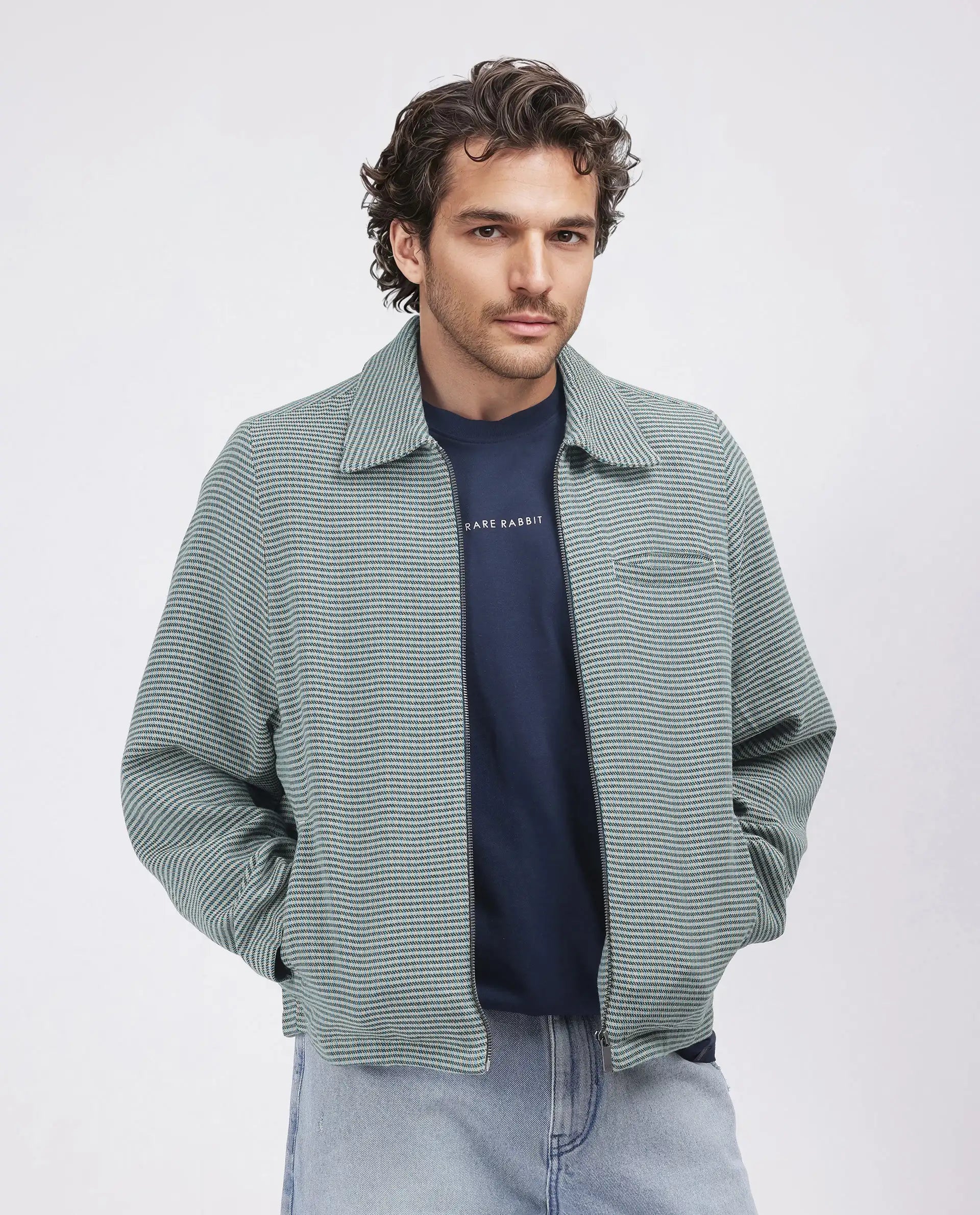 Rare Rabbit Men Pexrul Teal Cotton Fabric Full Sleeve Zipper Closure Yarn Dyed Checked Jacket