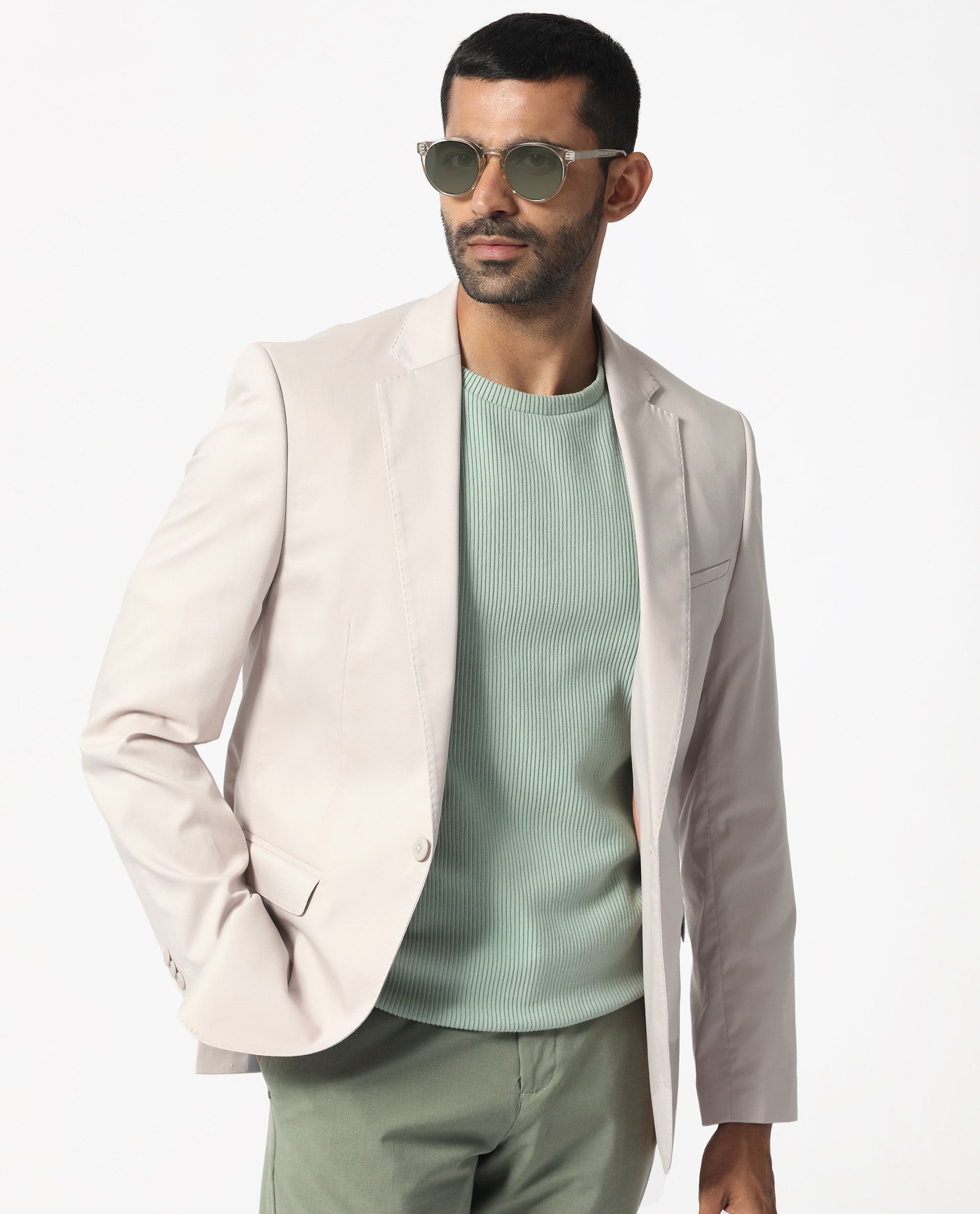 Rare Rabbit Men's Peyton Light Beige Polyester Plain Tailored Fit Full Sleeve Lapel Neck Blazer