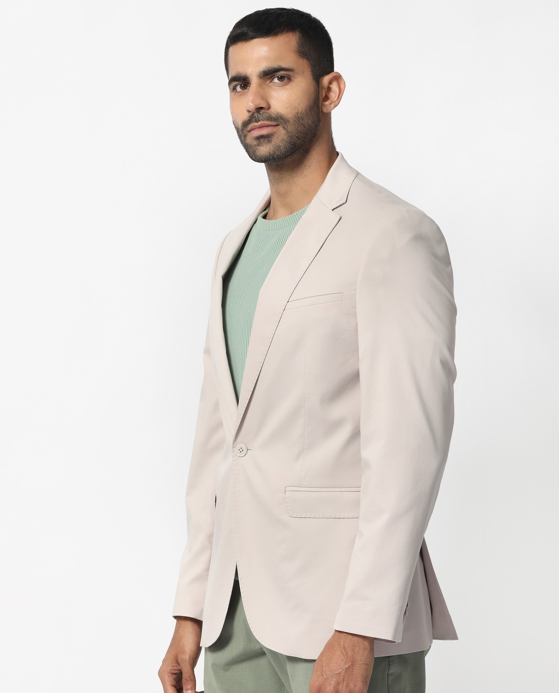 Rare Rabbit Men's Peyton Light Beige Polyester Viscose Fabric Notch Lapel Single Breasted Tailored Fit Solid Blazer