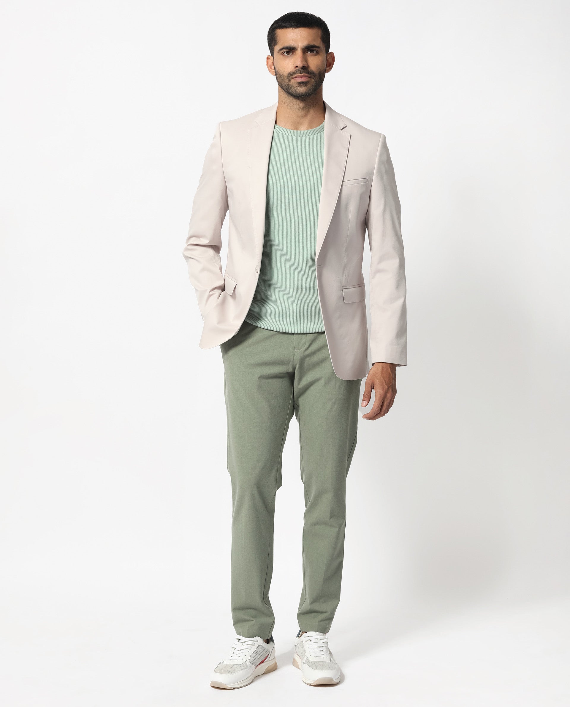 Rare Rabbit Men's Peyton Light Beige Polyester Viscose Fabric Notch Lapel Single Breasted Tailored Fit Solid Blazer