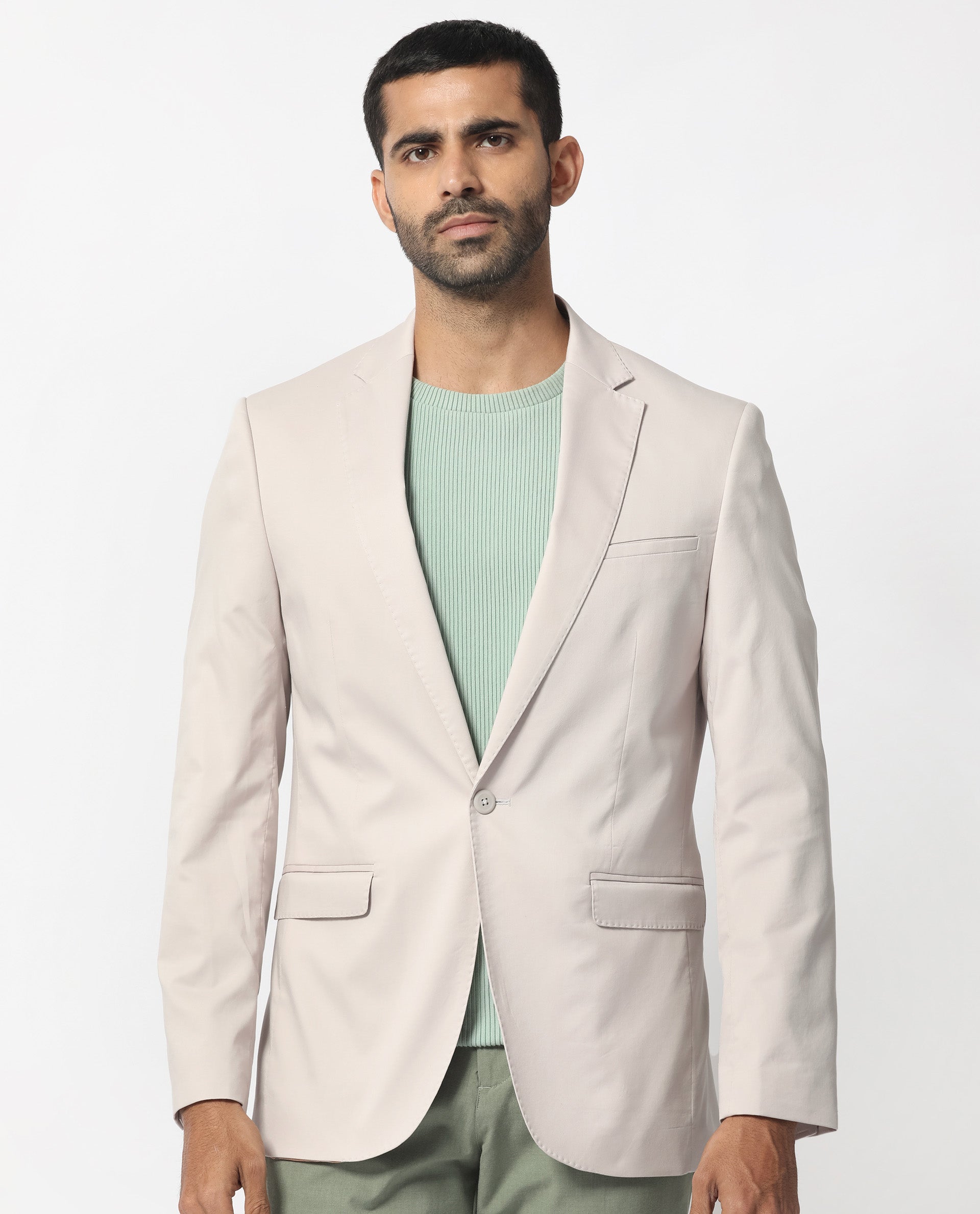 Rare Rabbit Men's Peyton Light Beige Polyester Viscose Fabric Notch Lapel Single Breasted Tailored Fit Solid Blazer