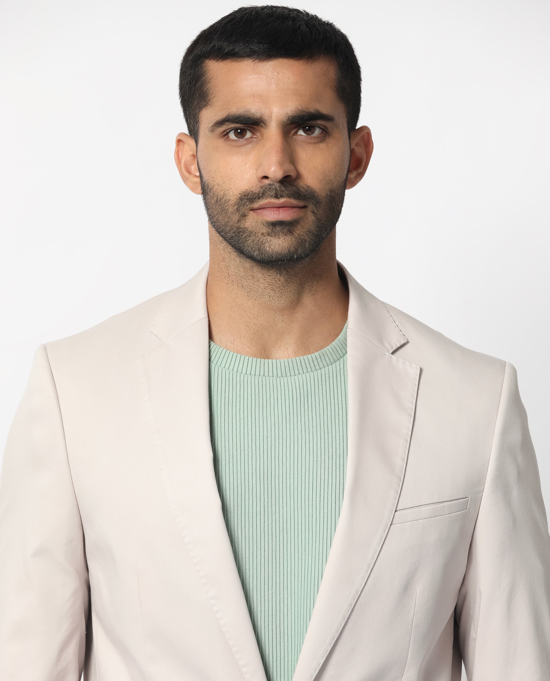 Rare Rabbit Men's Peyton Light Beige Polyester Viscose Fabric Notch Lapel Single Breasted Tailored Fit Solid Blazer