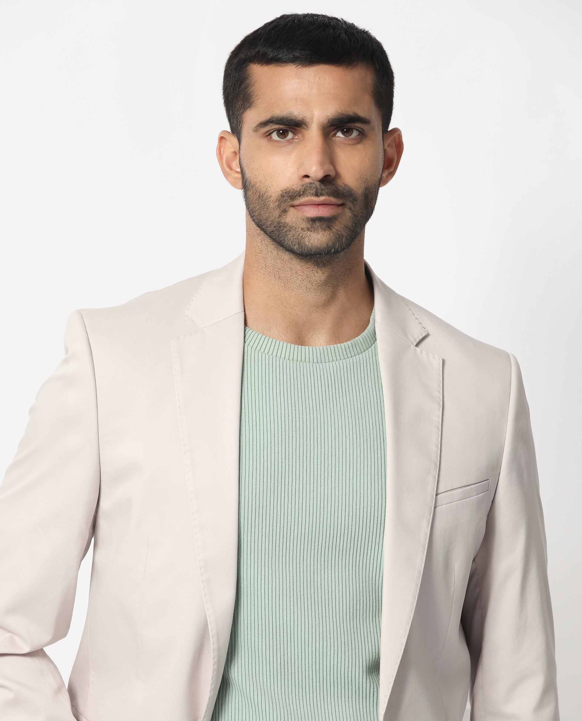 Rare Rabbit Men's Peyton Light Beige Polyester Viscose Fabric Notch Lapel Single Breasted Tailored Fit Solid Blazer