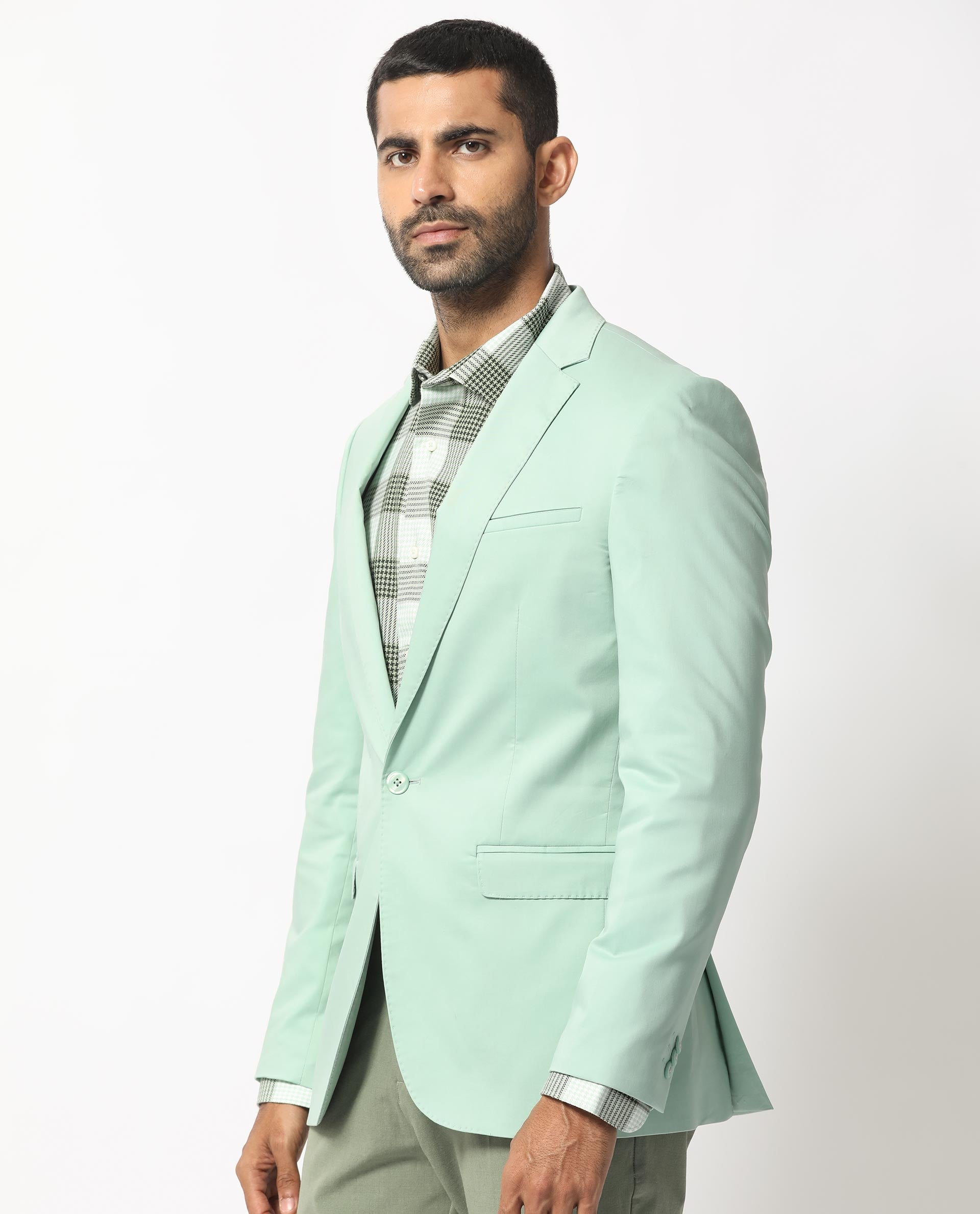 Rare Rabbit Men's Peyton Pastel Green Polyester Viscose Fabric Notch Lapel Single Breasted Tailored Fit Solid Blazer