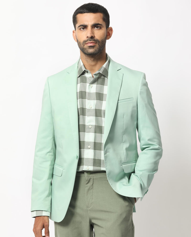 Rare Rabbit Men's Peyton Pastel Green Polyester Viscose Fabric Notch Lapel Single Breasted Tailored Fit Solid Blazer