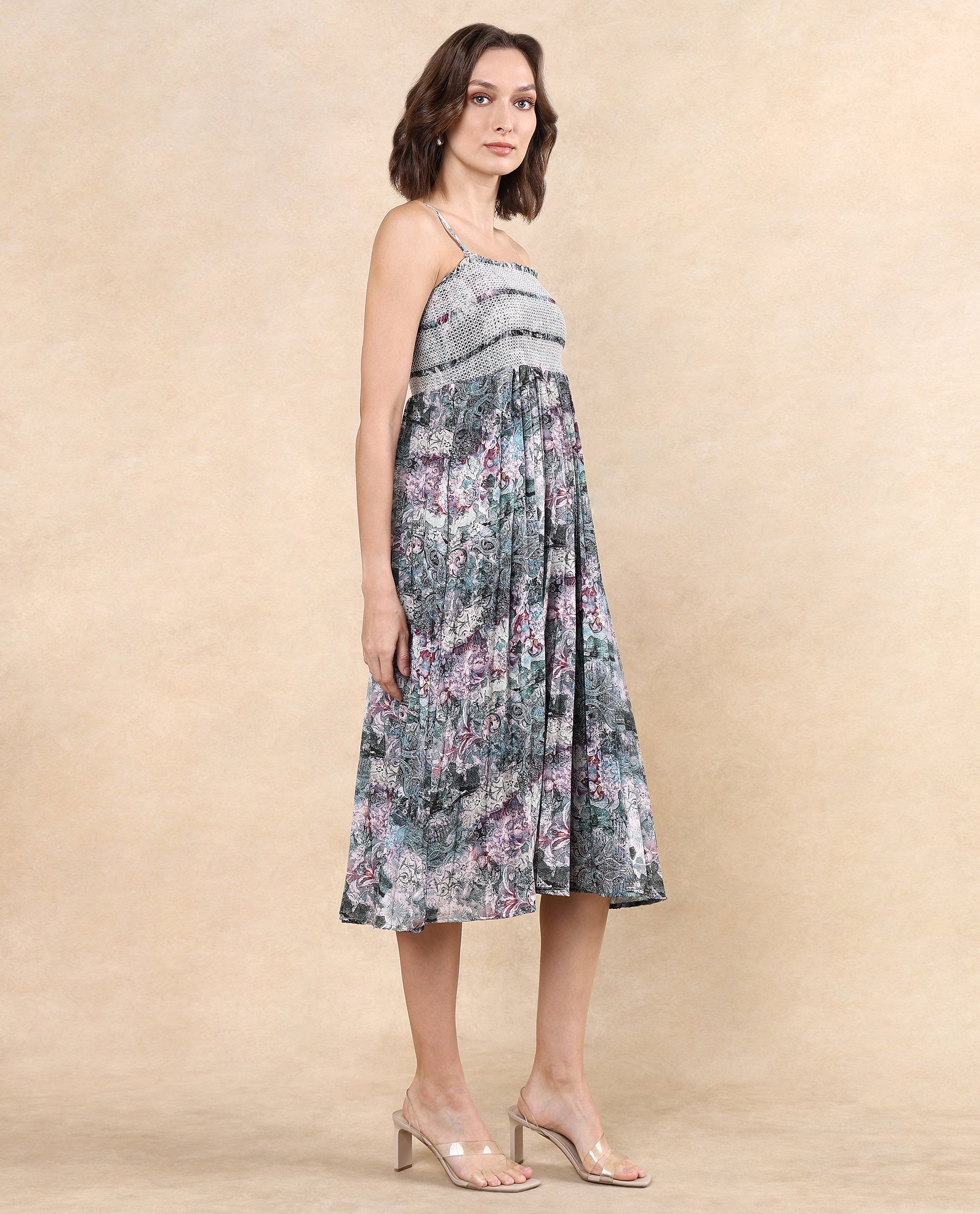 Rareism Women Phanks Multi Polyester Fabric Sleeveless Tube Neck Fit And Flare Midi Abstract Print Dress