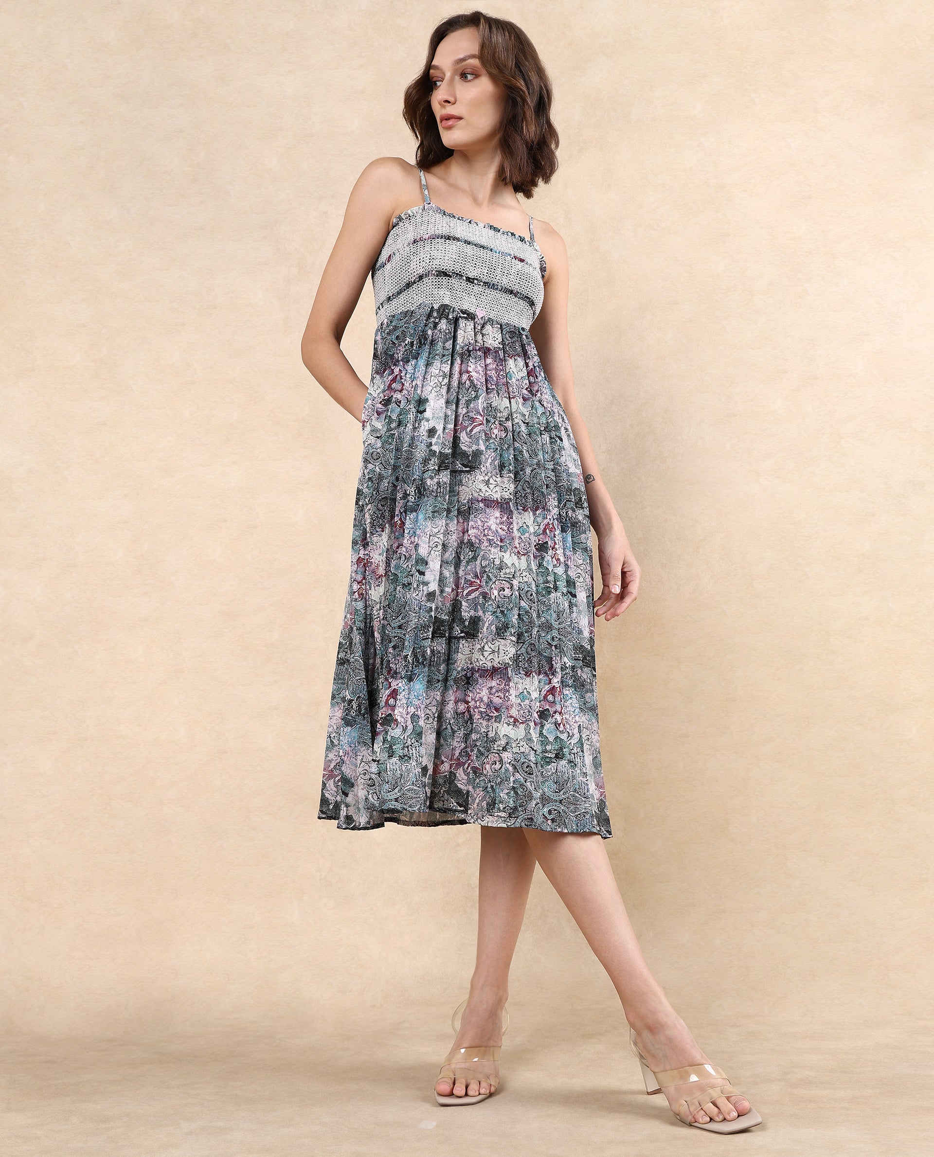 Rareism Women Phanks Multi Polyester Fabric Sleeveless Tube Neck Fit And Flare Midi Abstract Print Dress