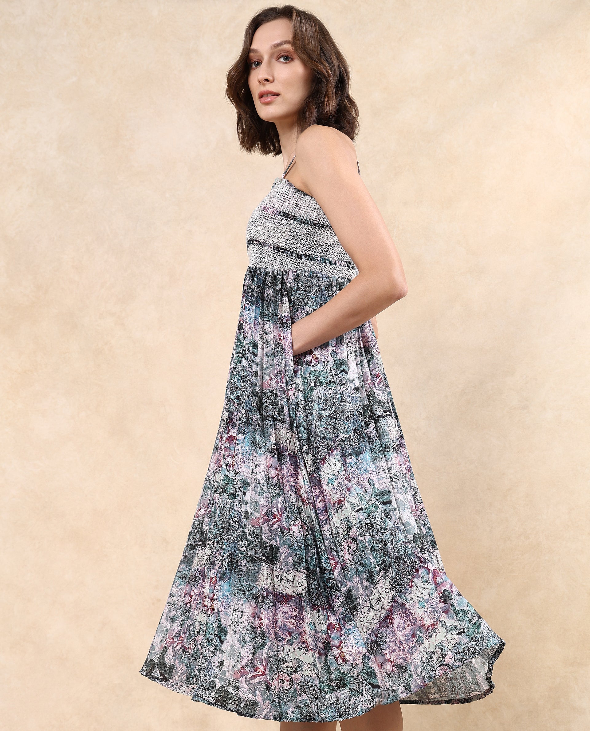 Rareism Women Phanks Multi Polyester Fabric Sleeveless Tube Neck Fit And Flare Midi Abstract Print Dress