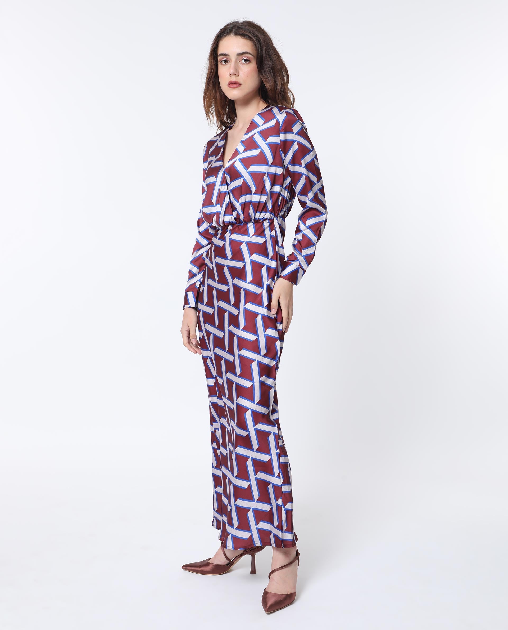 Rareism Women Phara Brown Polyester Fabric Full Sleeves Tie-Up Closure V-Neck Regular Fit Geometric Print Maxi Dress