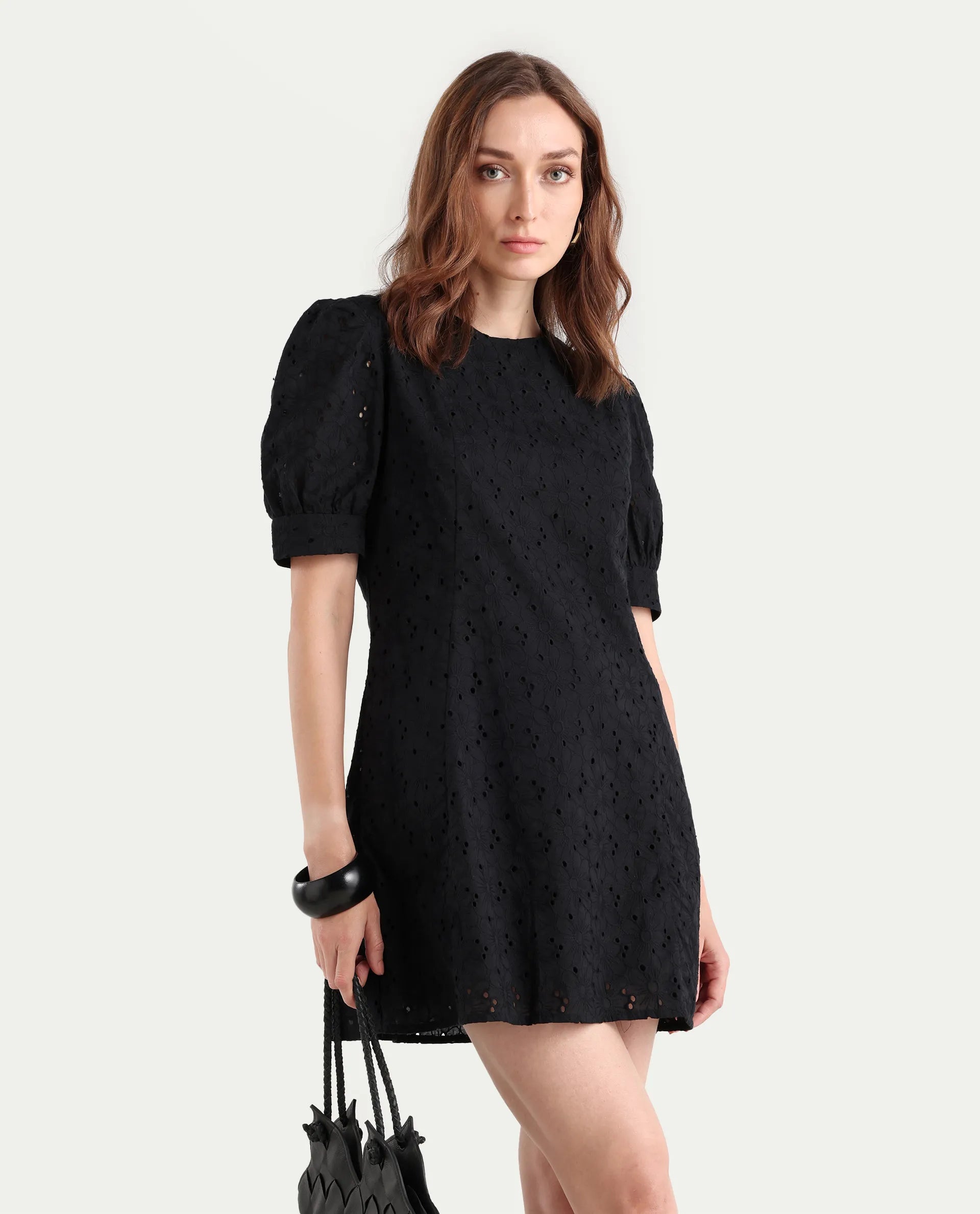 Rareism Women's Phillips Black Cotton Crew Neck Schiffli Puff Sleeves Mini A-Line Dress