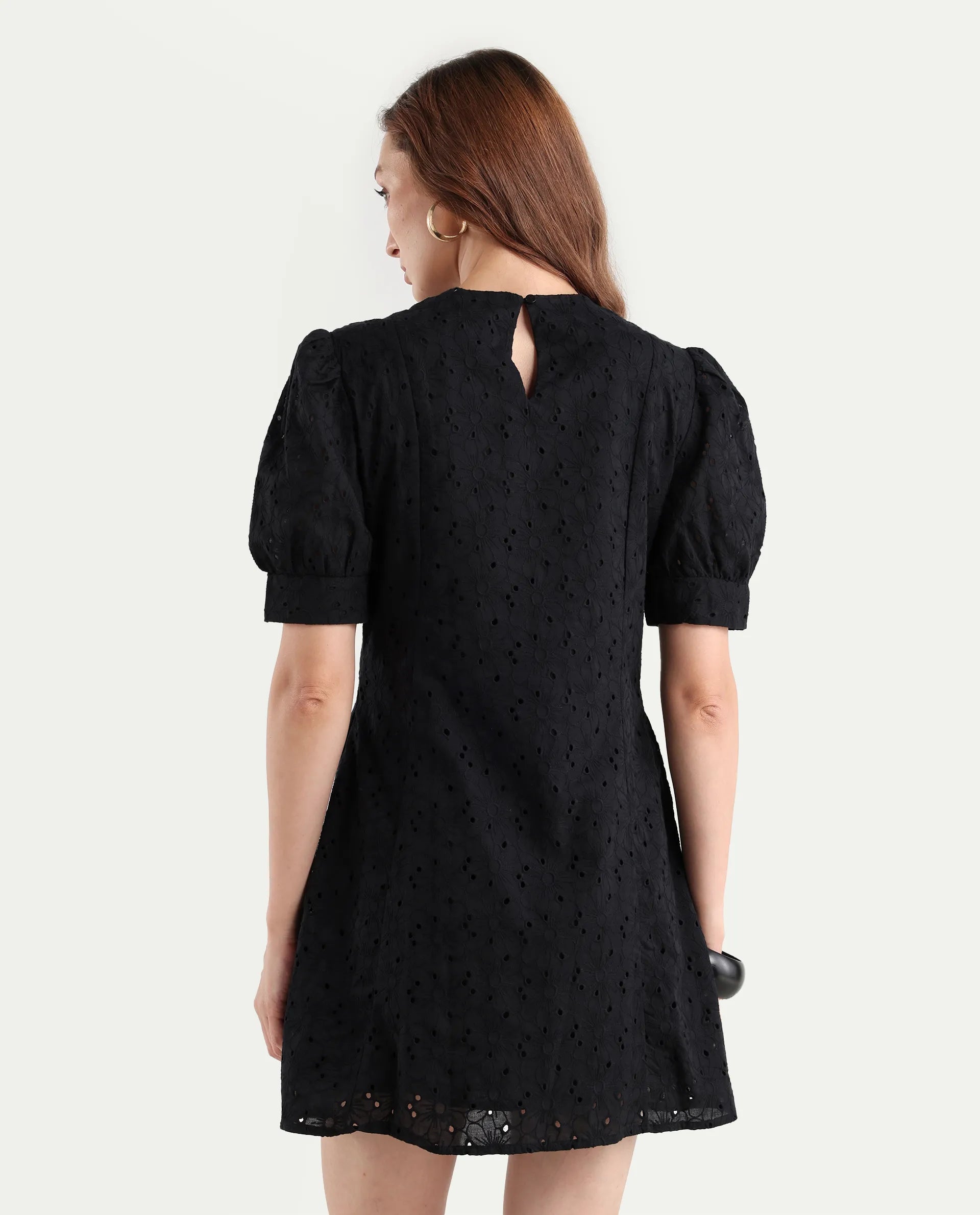 Rareism Women's Phillips Black Cotton Crew Neck Schiffli Puff Sleeves Mini A-Line Dress