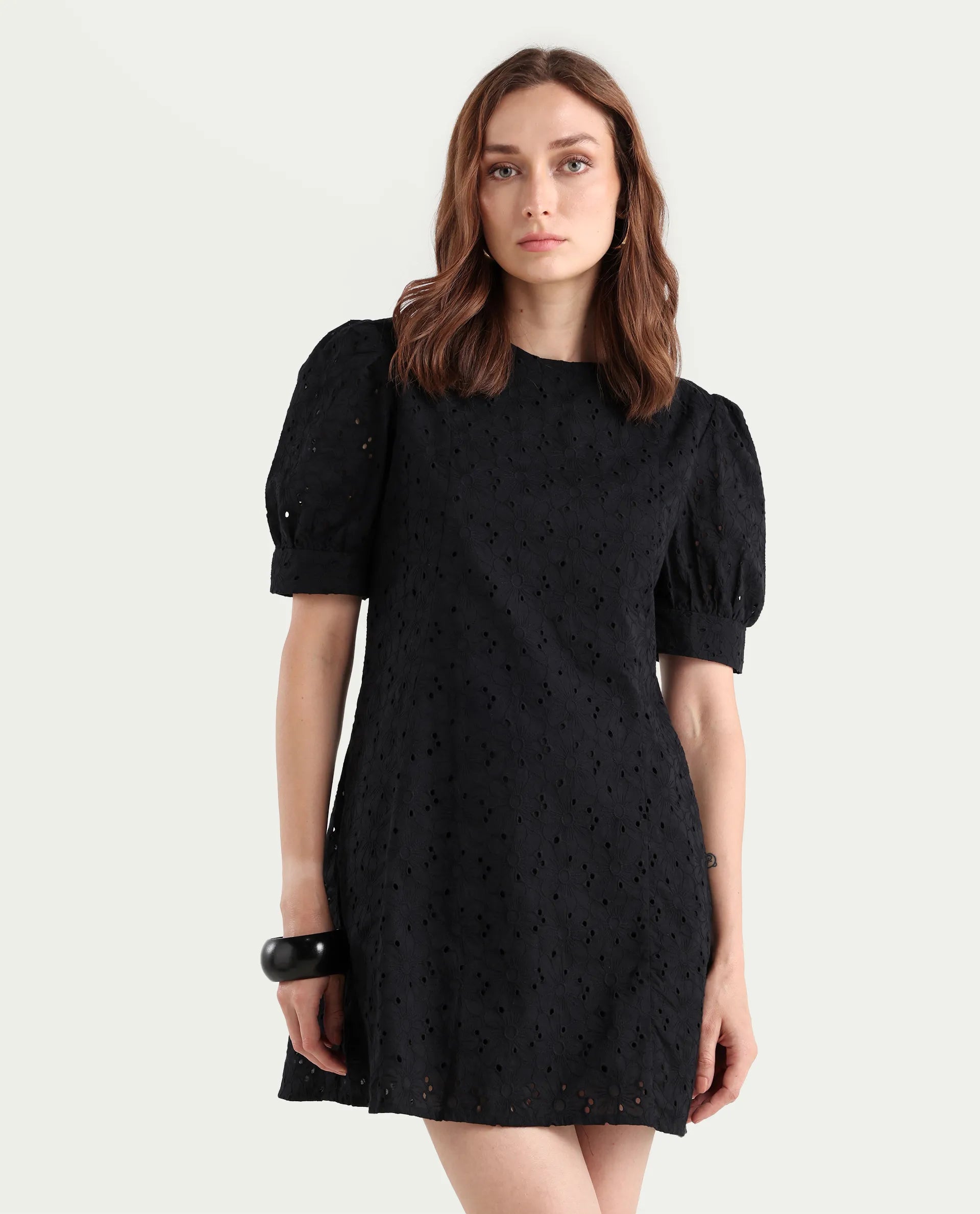 Rareism Women's Phillips Black Cotton Crew Neck Schiffli Puff Sleeves Mini A-Line Dress