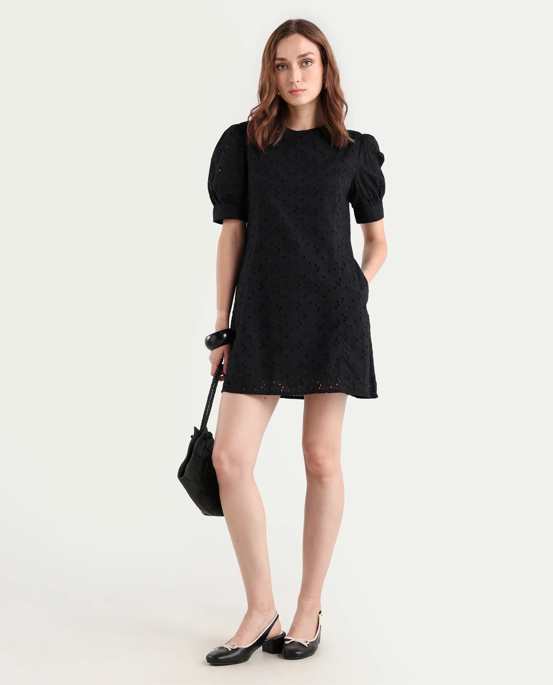 Rareism Women's Phillips Black Cotton Crew Neck Schiffli Puff Sleeves Mini A-Line Dress