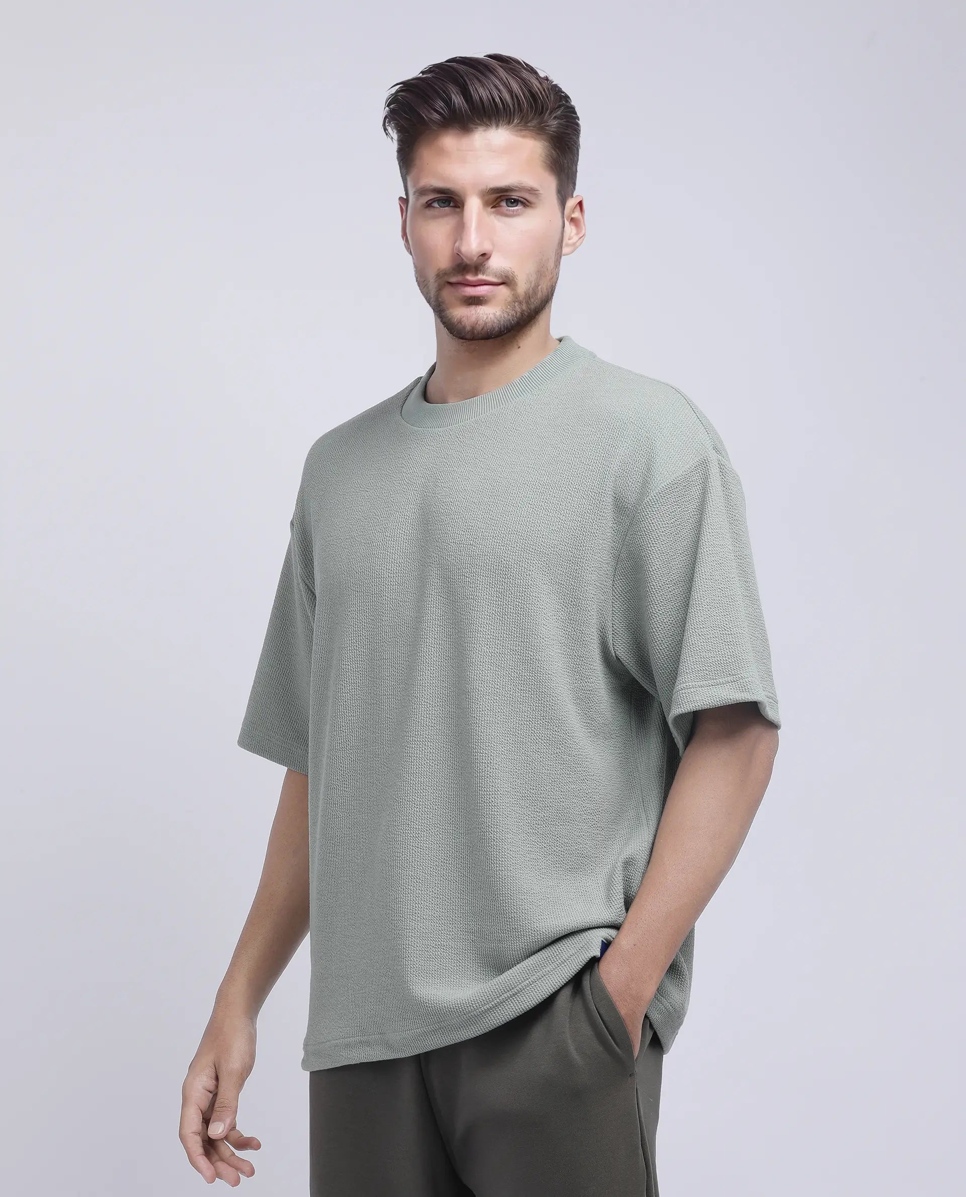 Rare Rabbit Men's Phix Dusky Green Poly Blend Textured Oversized Fit Half Sleeve Crew Neck T-Shirt