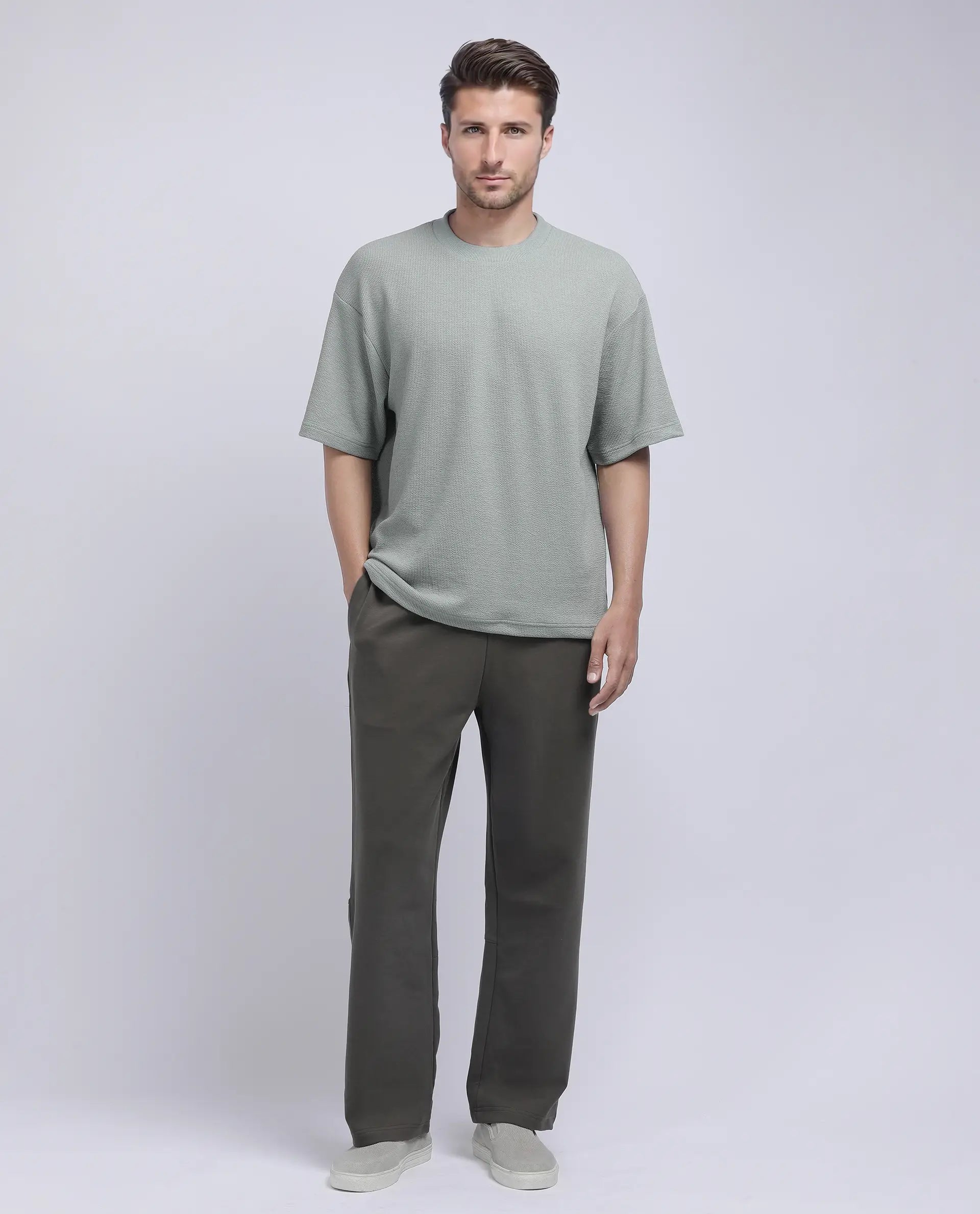 Rare Rabbit Men's Phix Dusky Green Poly Blend Textured Oversized Fit Half Sleeve Crew Neck T-Shirt