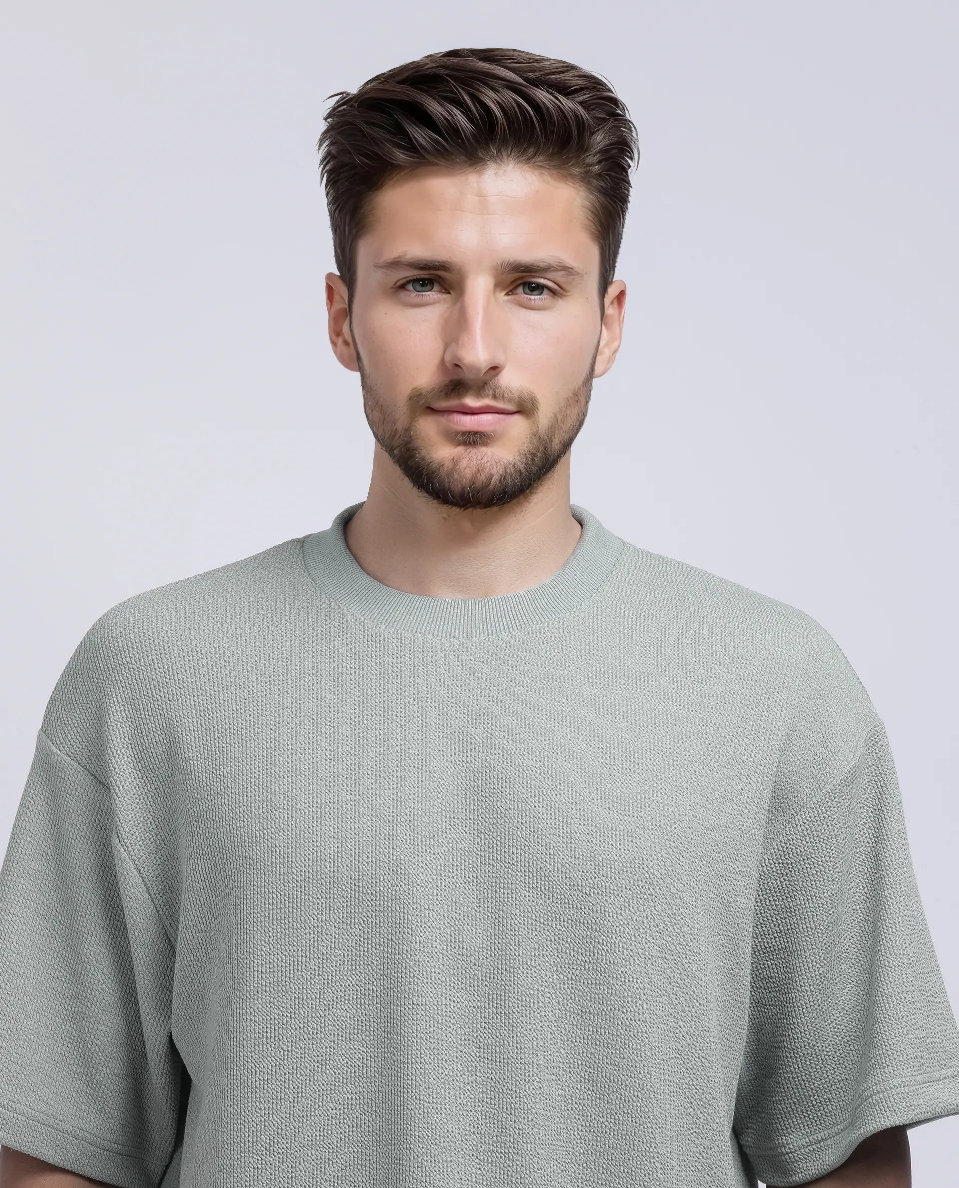 Rare Rabbit Men's Phix Dusky Green Poly Blend Textured Oversized Fit Half Sleeve Crew Neck T-Shirt