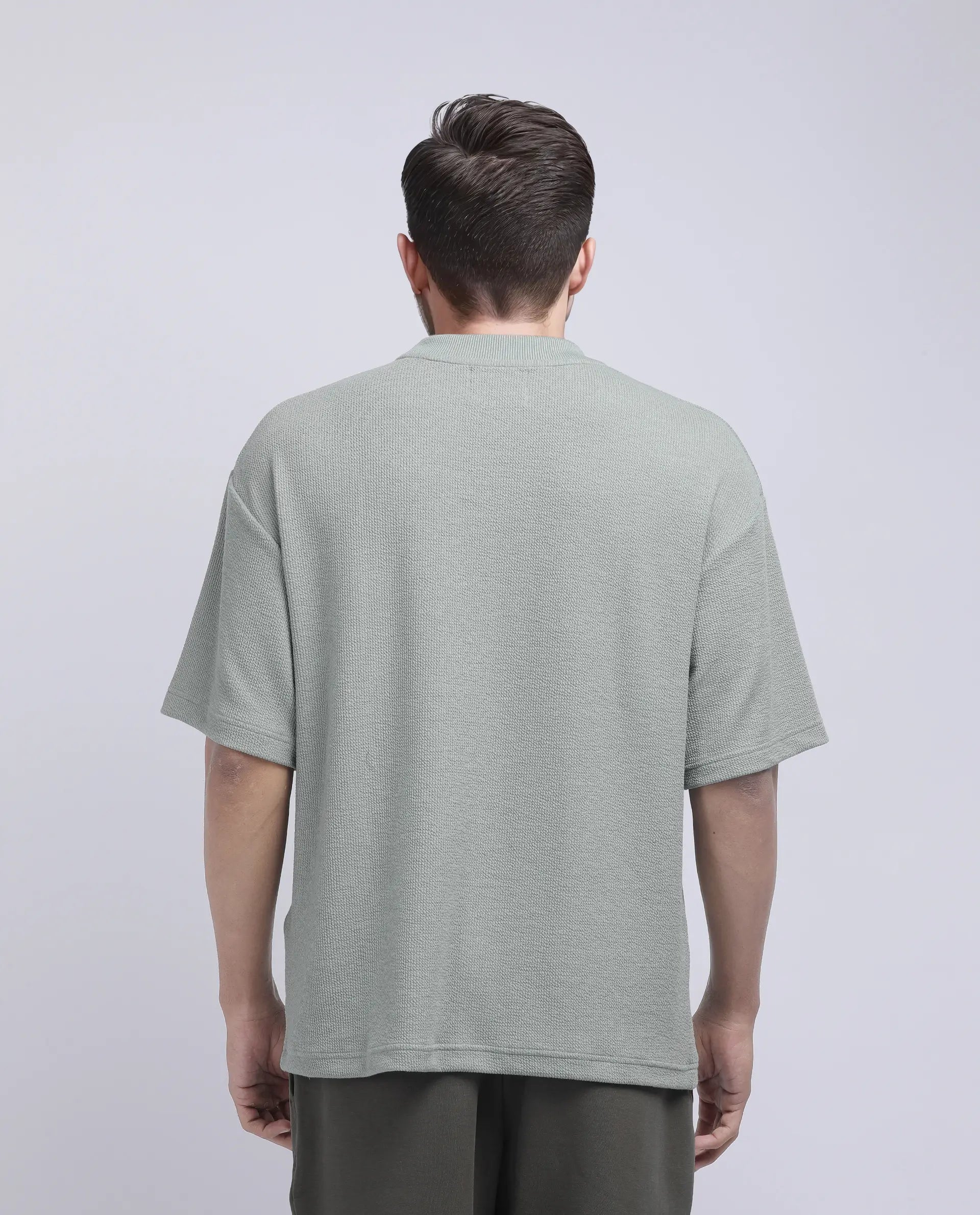 Rare Rabbit Men's Phix Dusky Green Poly Blend Textured Oversized Fit Half Sleeve Crew Neck T-Shirt