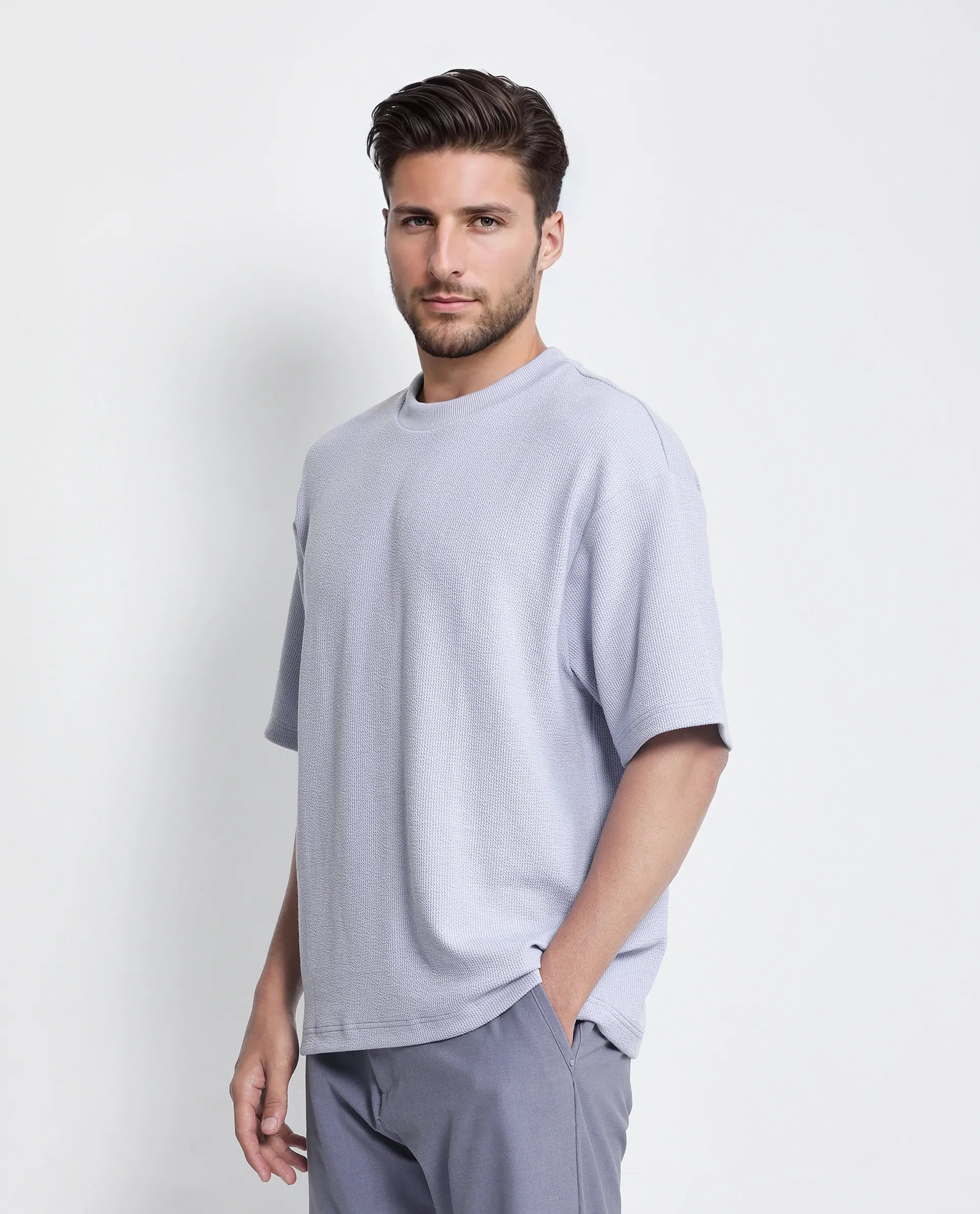 Rare Rabbit Men Phix Dusky Purple Poly Blend Fabric Short Sleeve Crew Neck Textured T-Shirt