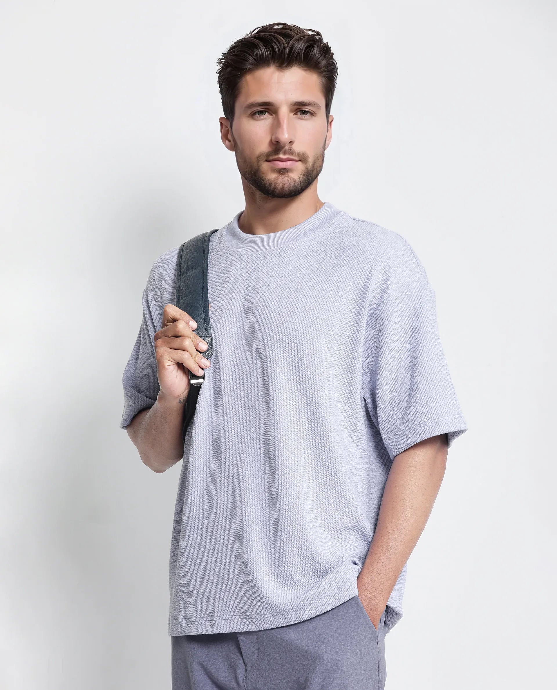 Rare Rabbit Men Phix Dusky Purple Poly Blend Fabric Short Sleeve Crew Neck Textured T-Shirt